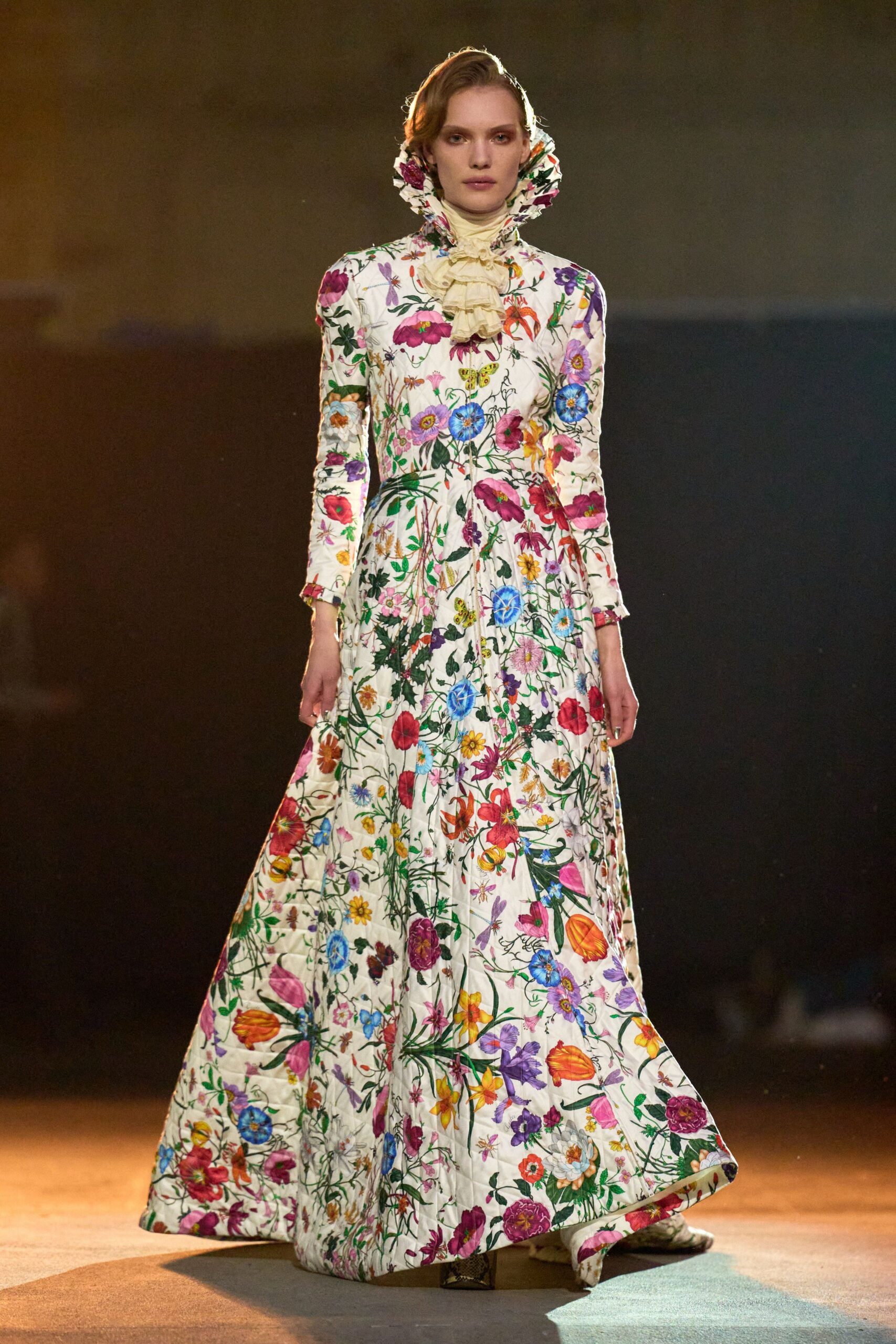 floral white long-sleeve gown