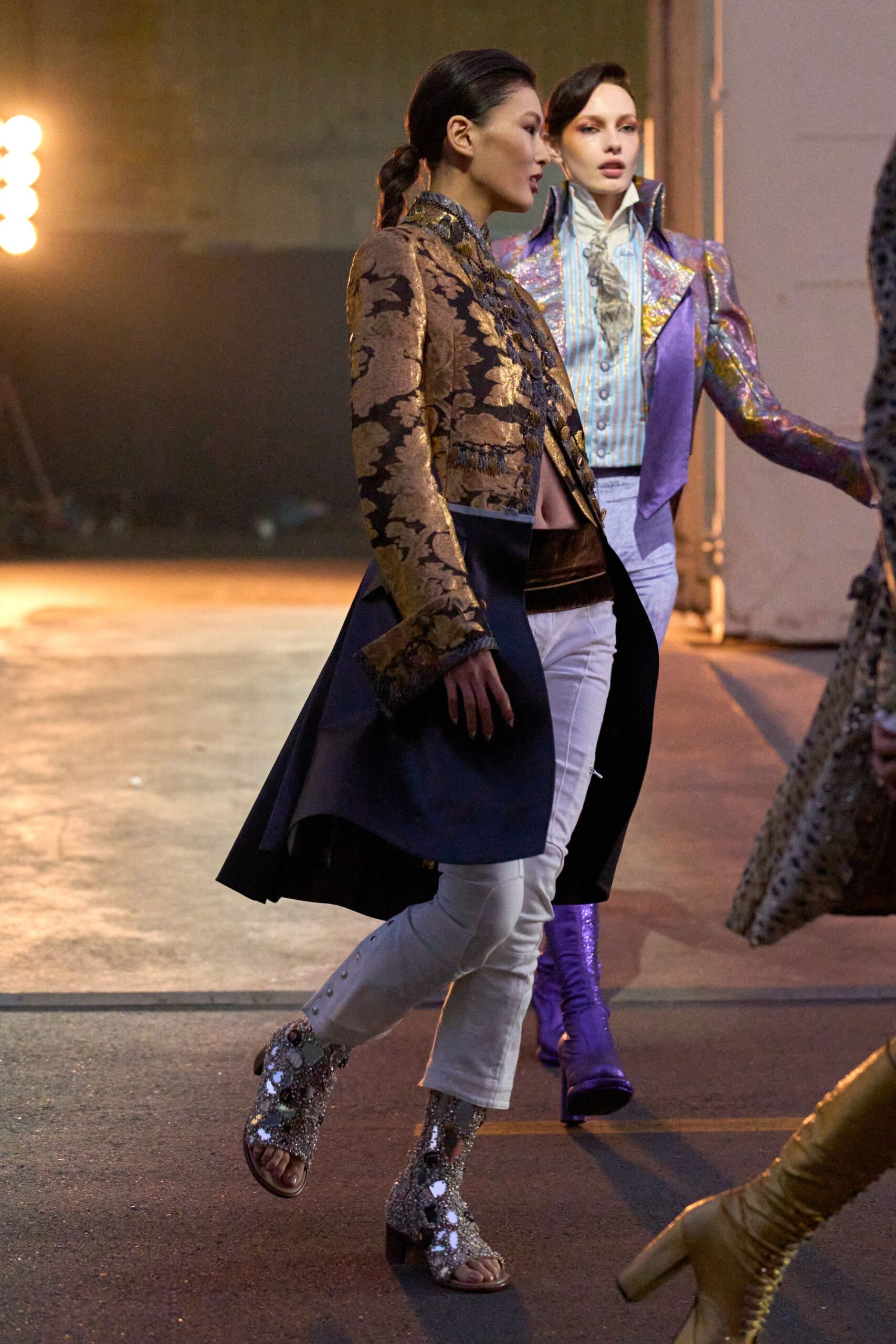 gold silk long-sleeve collared structured embroidered layered jacket