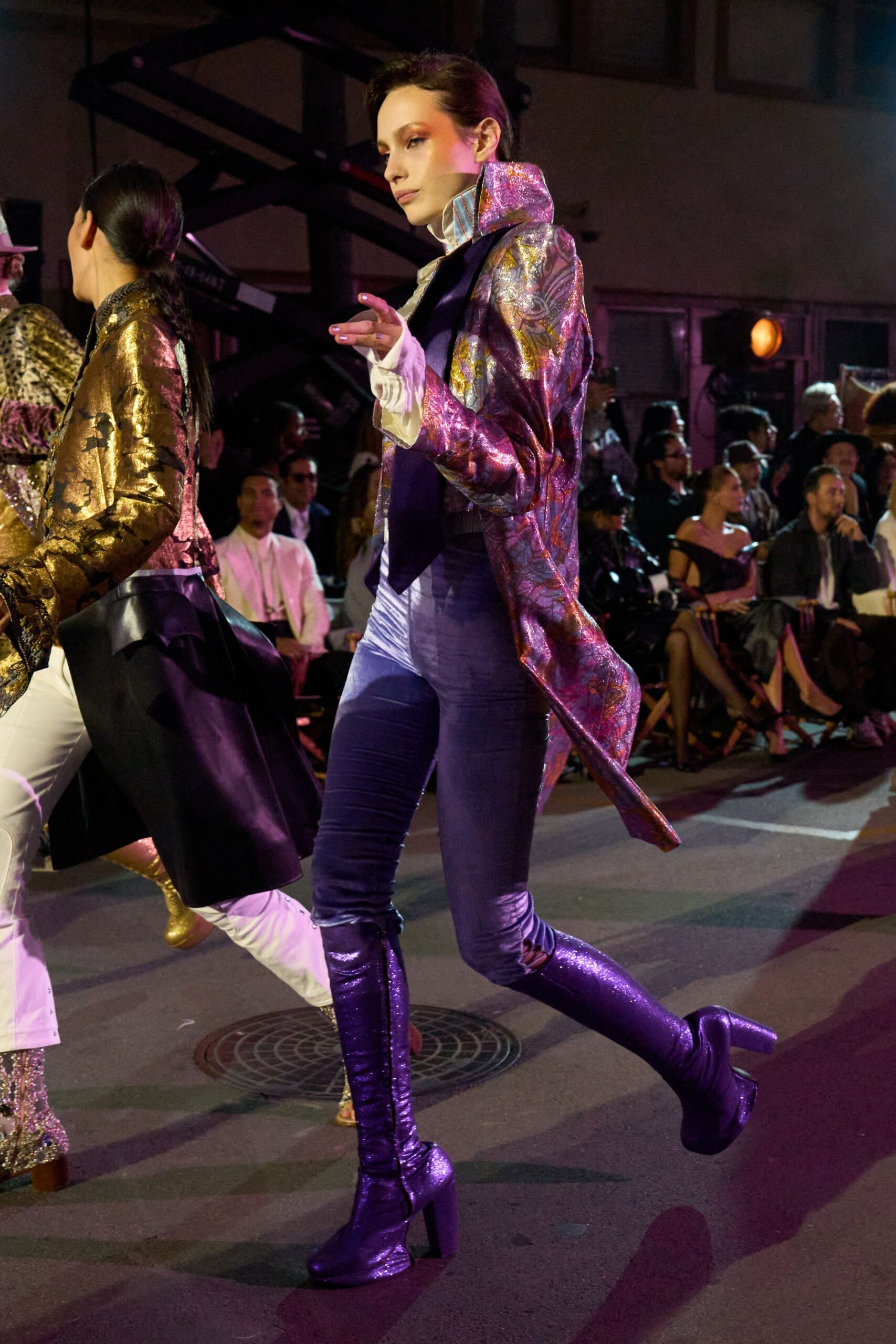 purple silk long-sleeve collared fitted layered zippered jacket