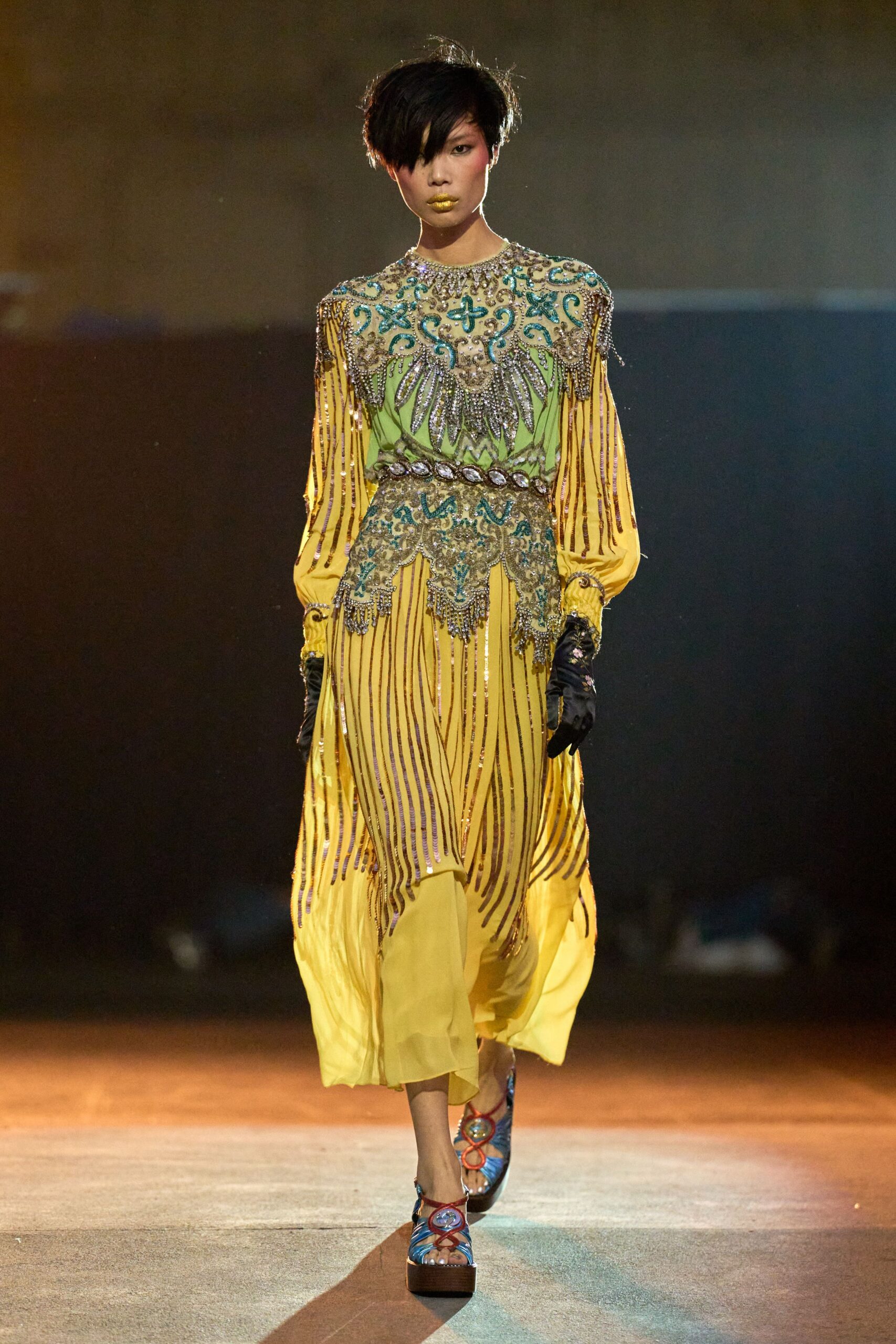 yellow silk long-sleeve high-neck fitted embroidered pleated dress