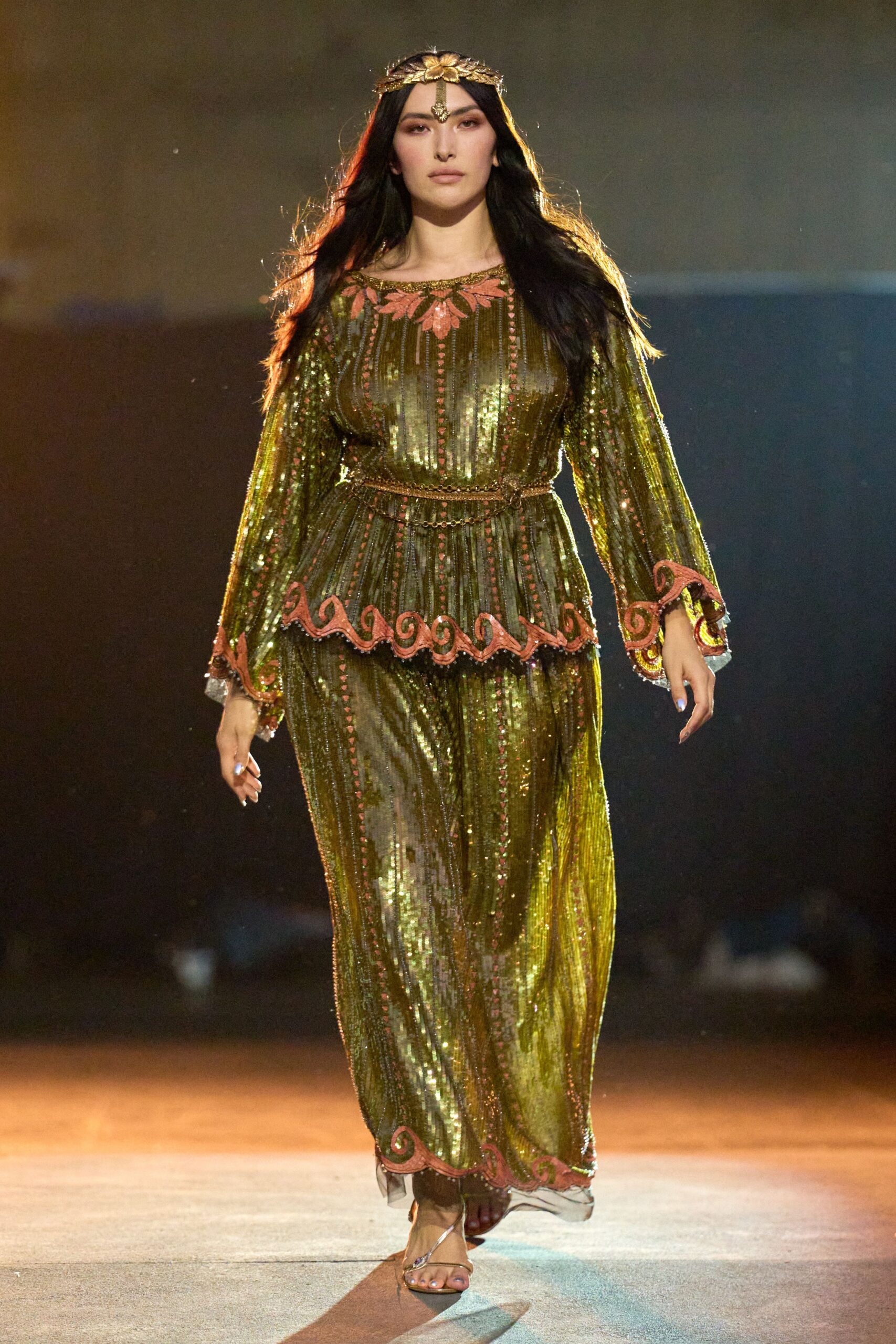green sequin long-sleeve high-neck fitted layered embroidered gown