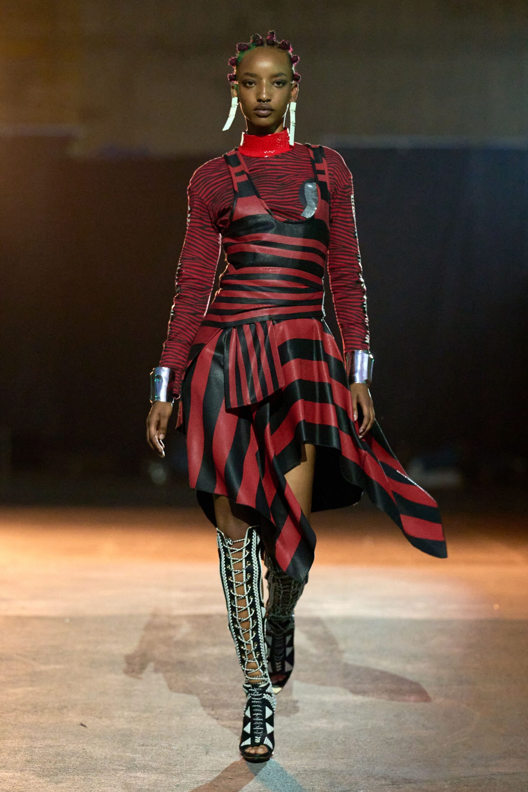red cotton long-sleeve v-neck fitted striped midi dress