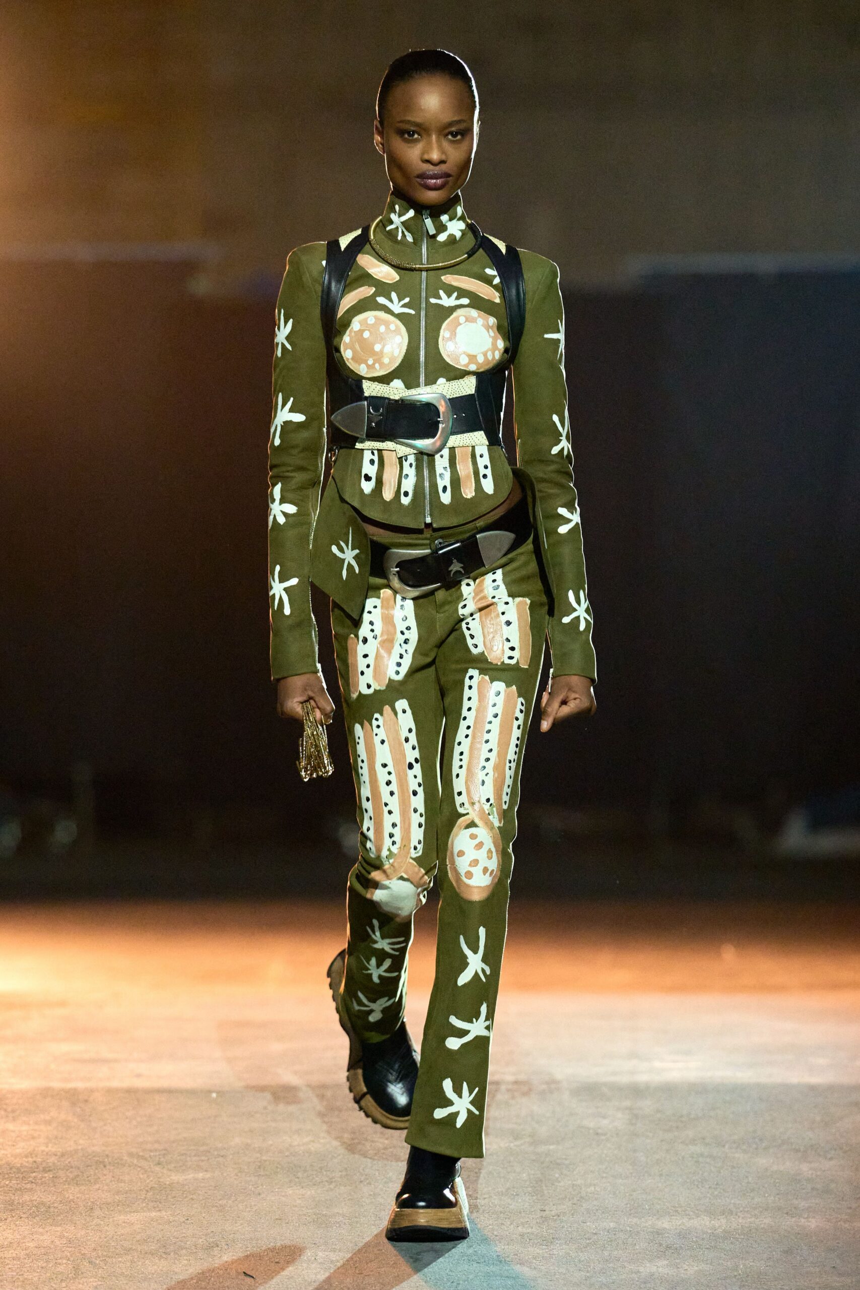green cotton long-sleeve high-neck fitted embroidered jumpsuit
