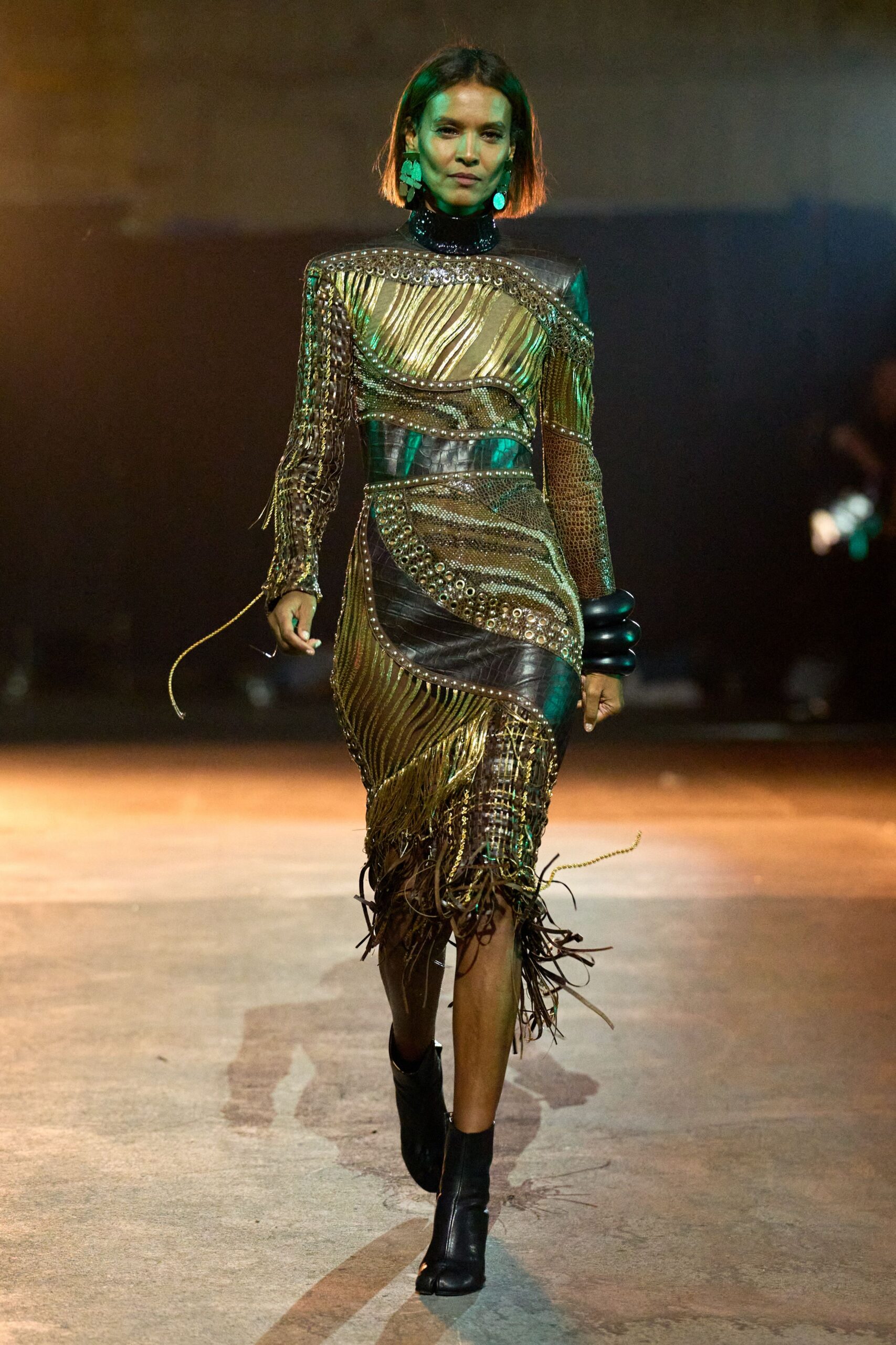 gold metallic long-sleeve high-neck fitted fringed layered dress