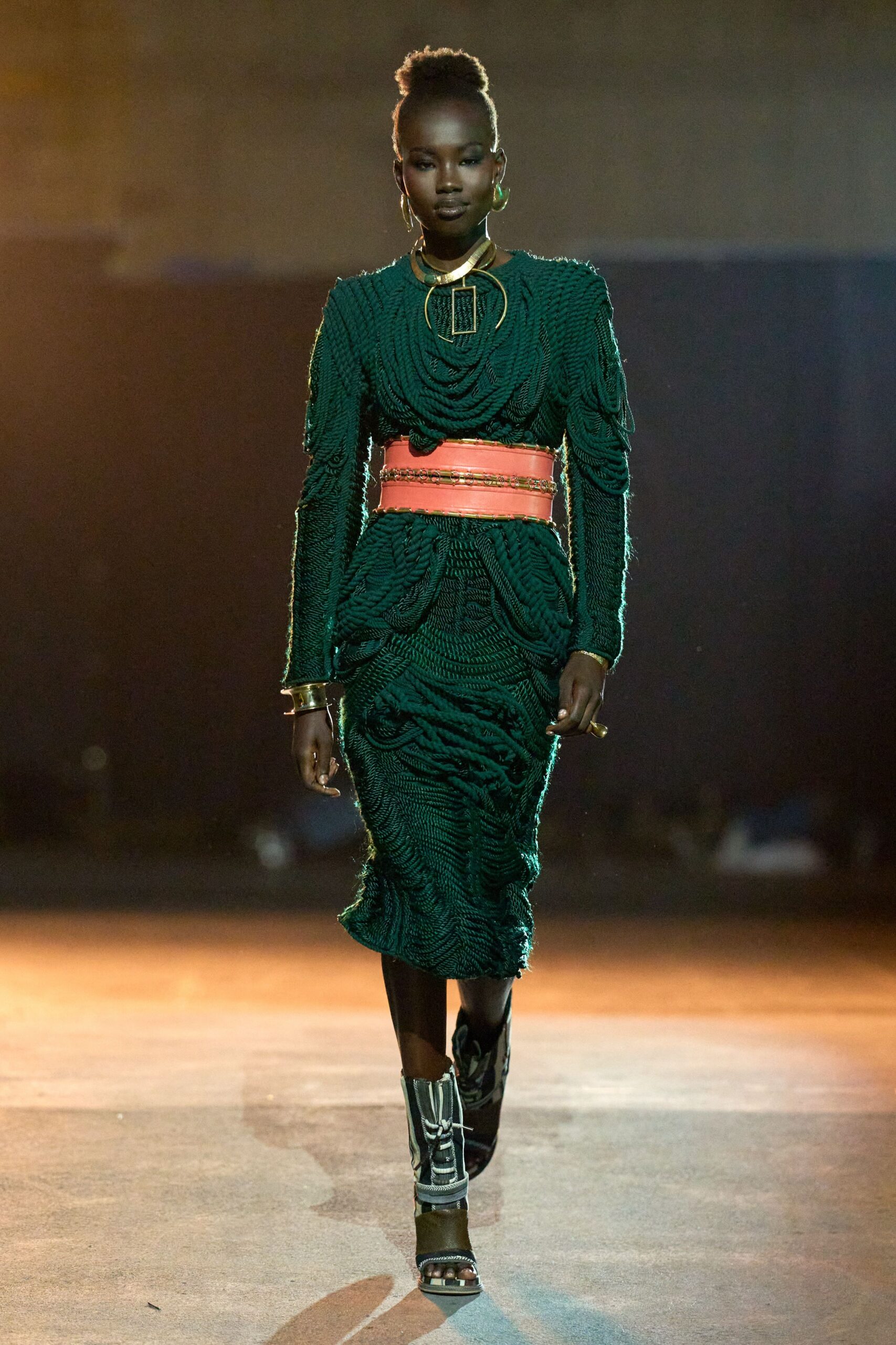 green cotton long-sleeve high-neck fitted pleated layered dress