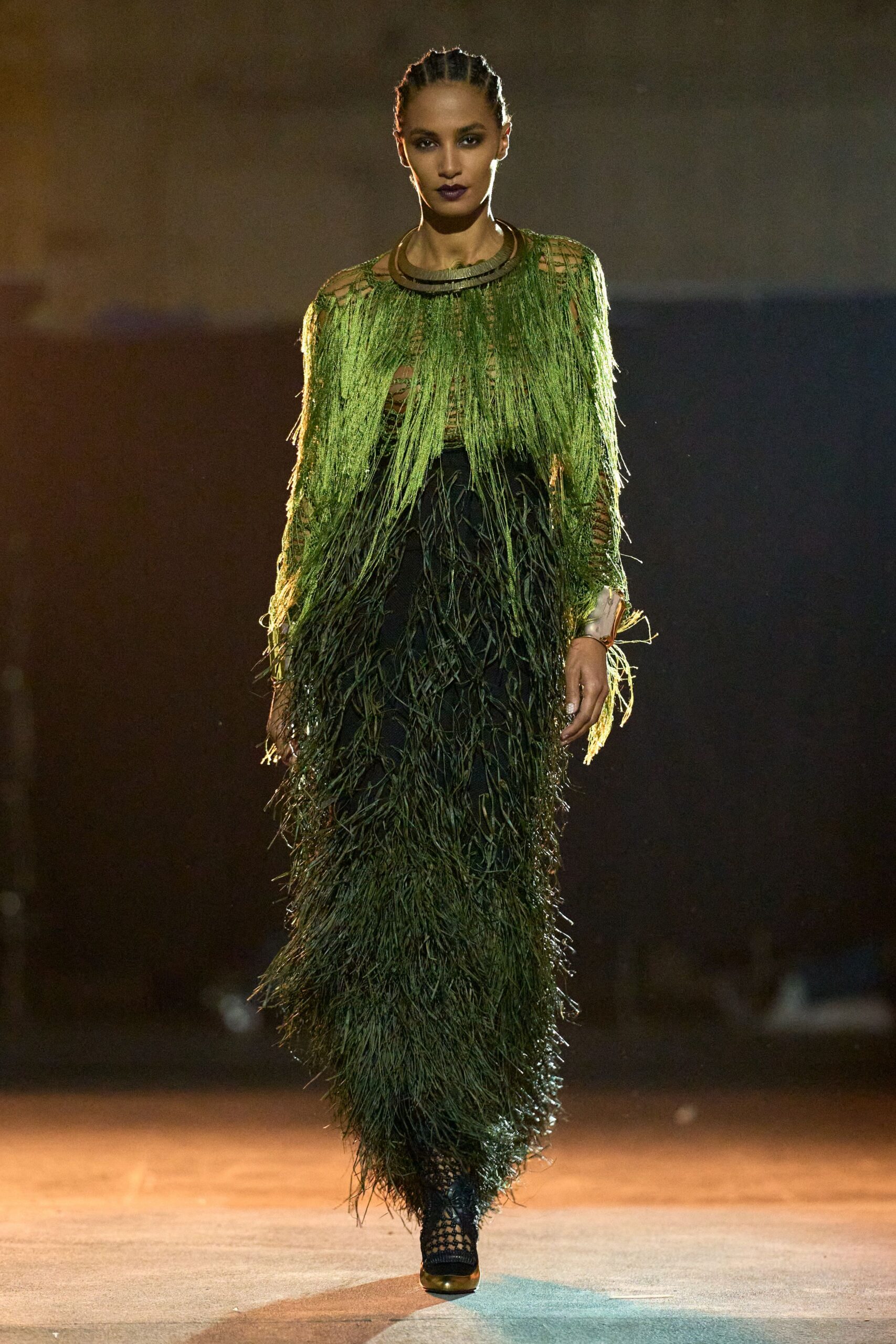 green fringed maxi dress with black shoes