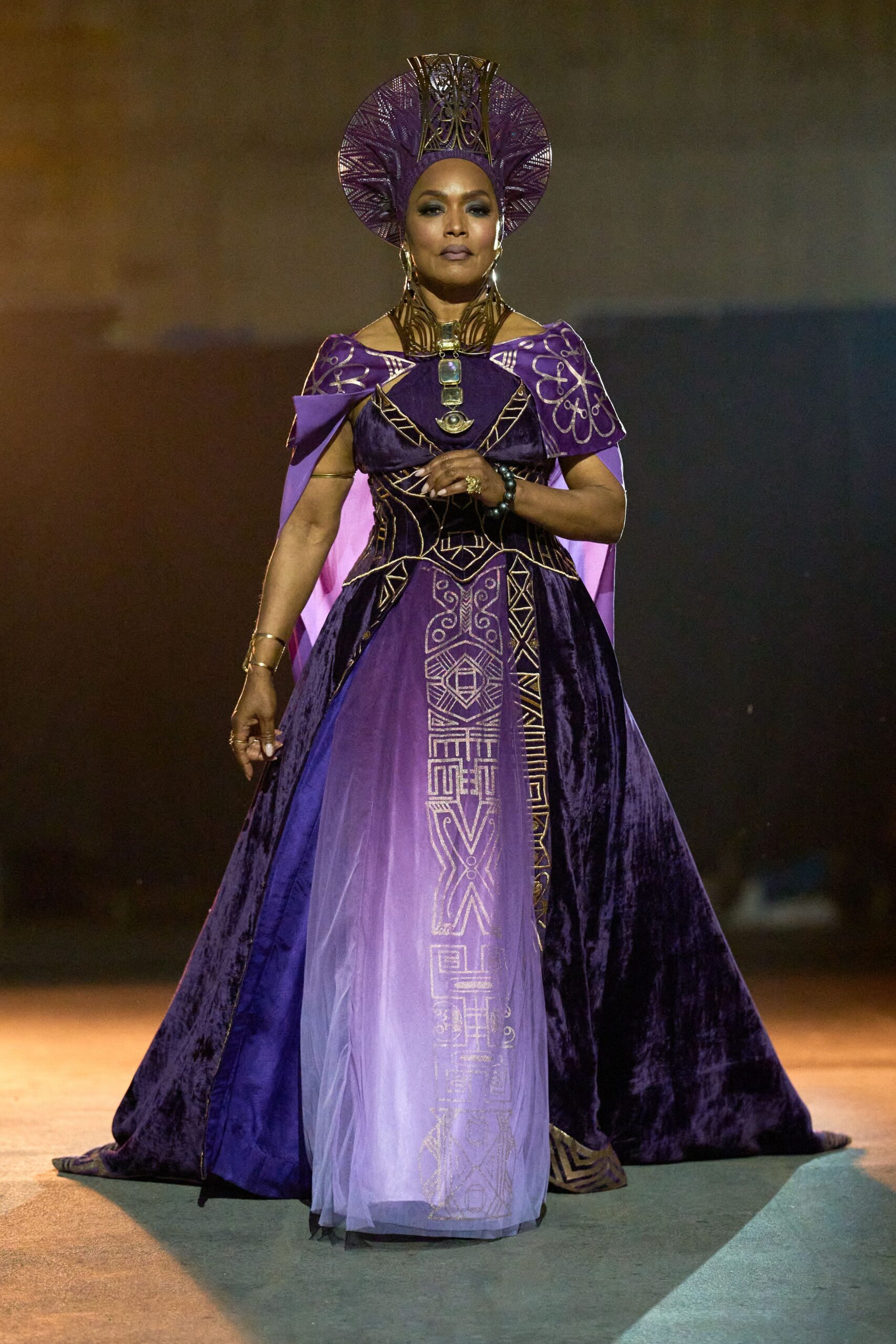 purple velvet off-shoulder gown