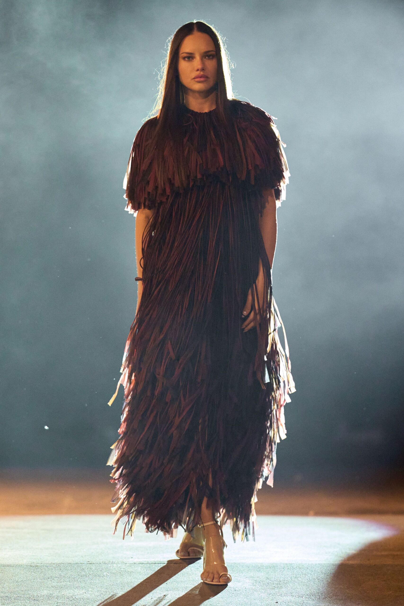 brown silk short-sleeve fitted fringed flowing maxi gown
