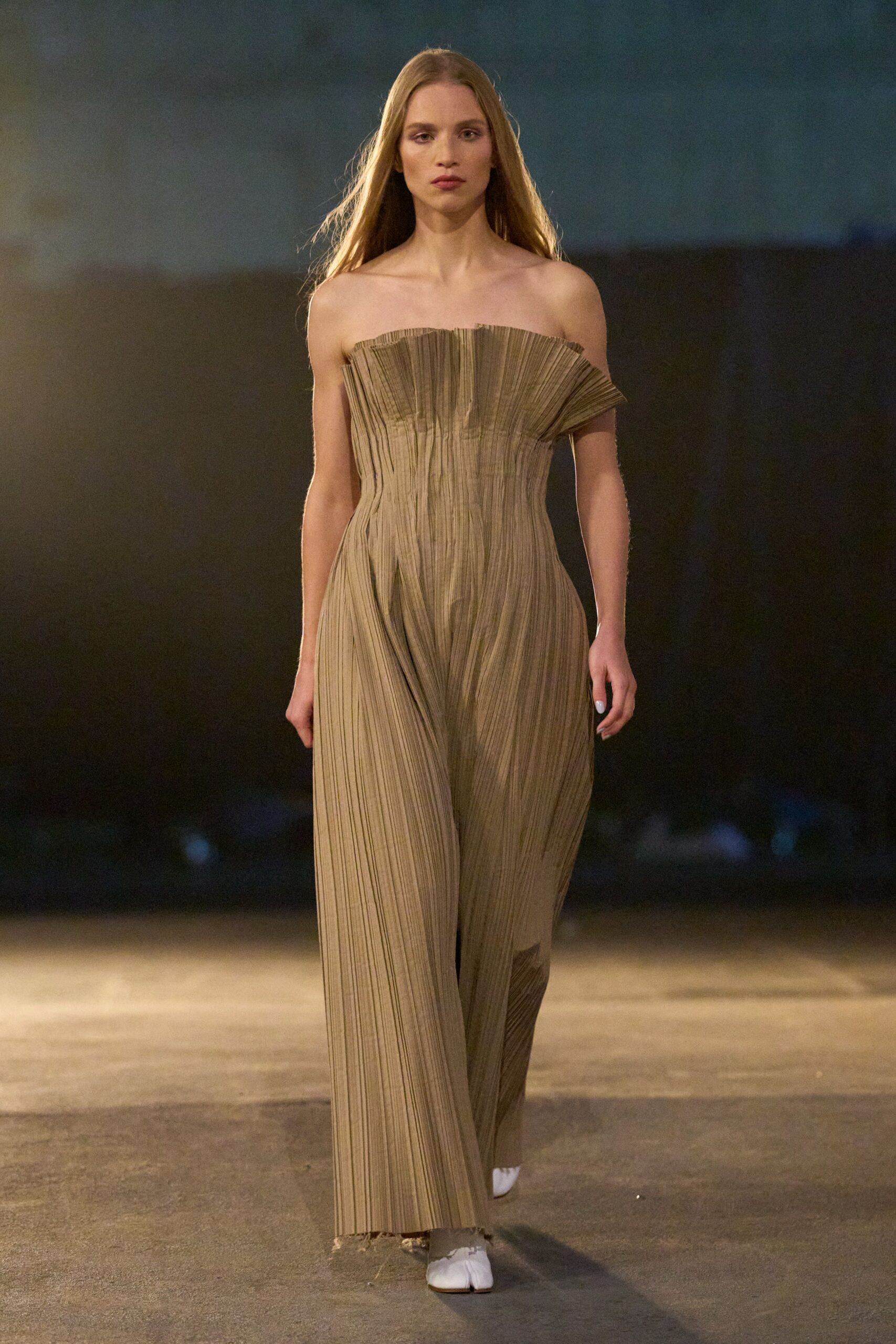 beige silk strapless fitted pleated jumpsuit