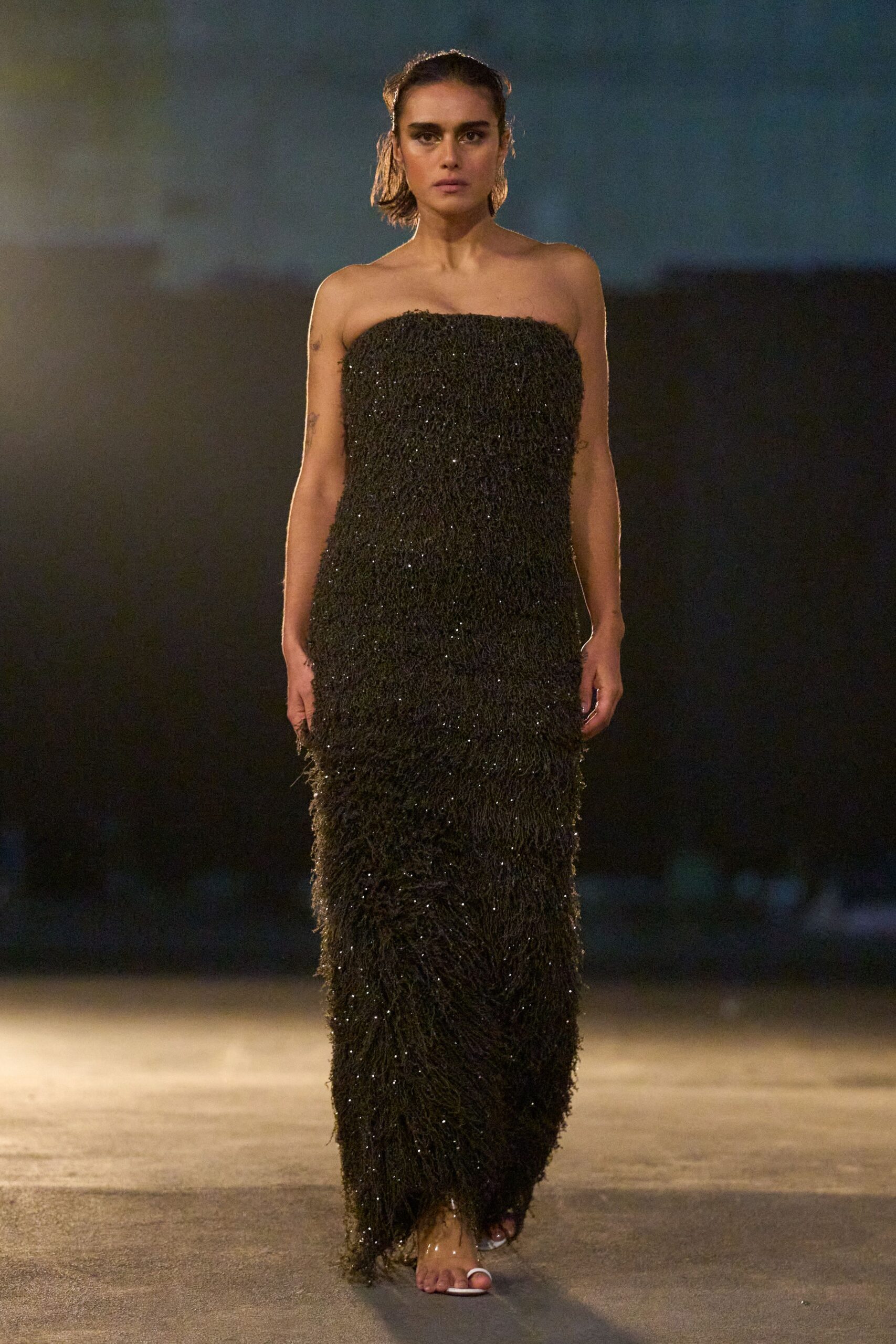 black fringed strapless gown