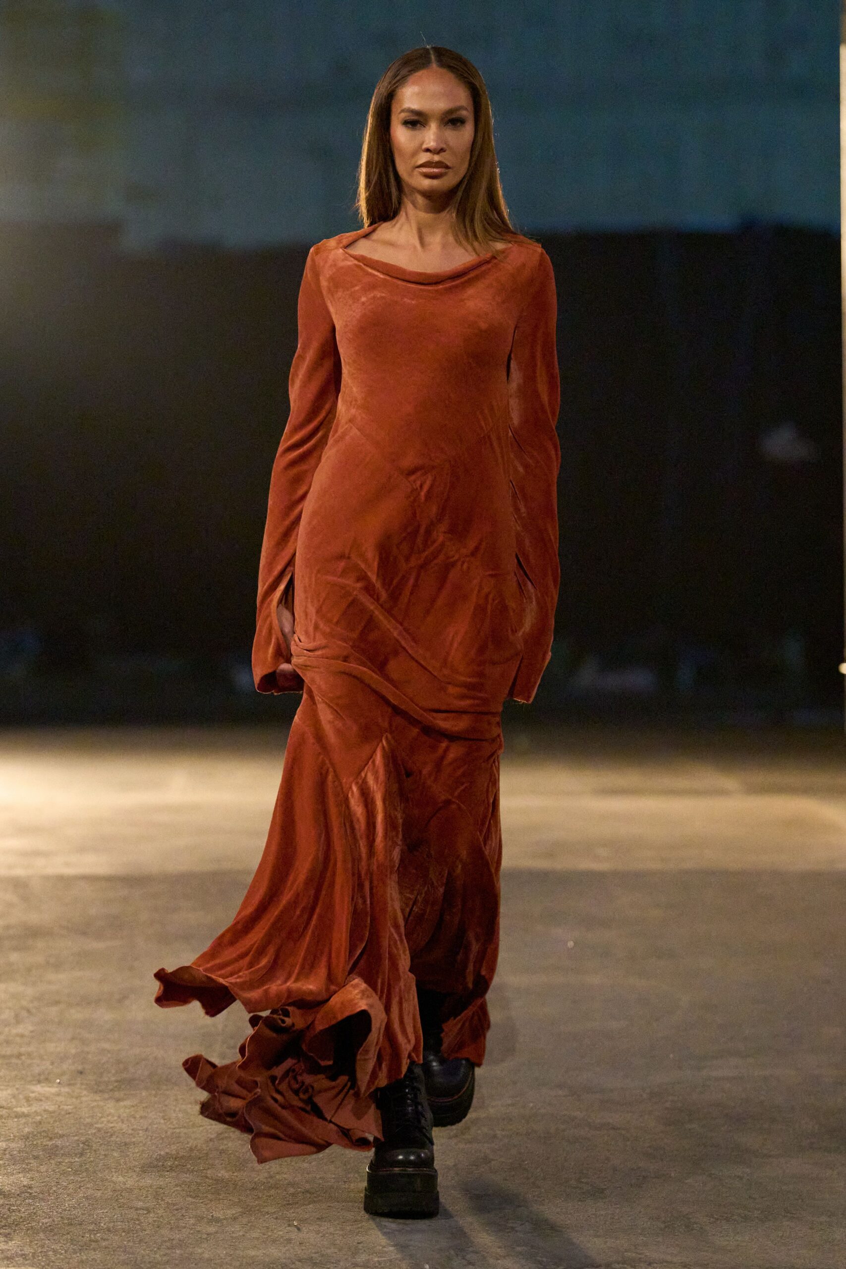 orange silk long-sleeve v-neck fitted draped flowing gown
