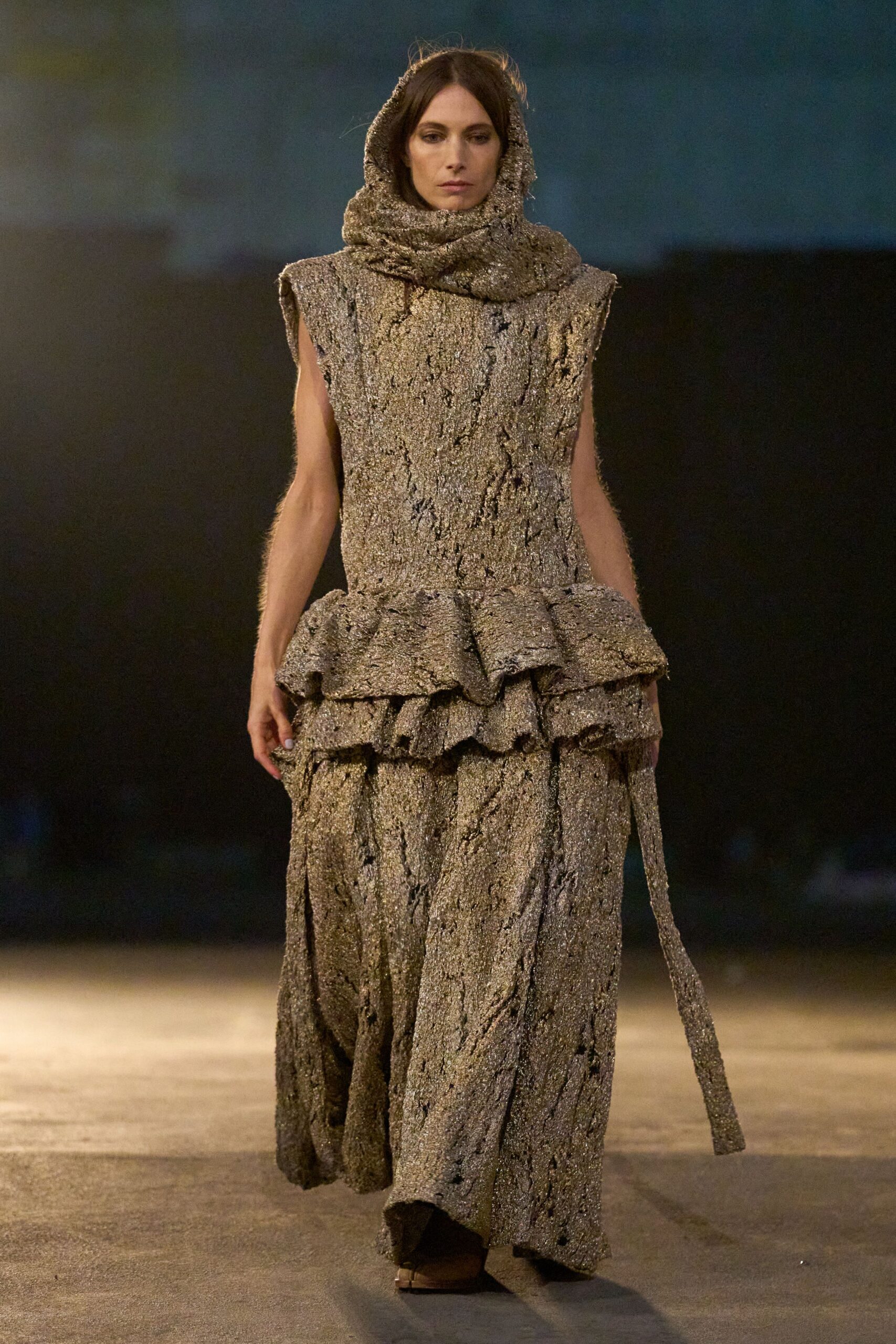 gray silk sleeveless relaxed layered ruffled textured dress