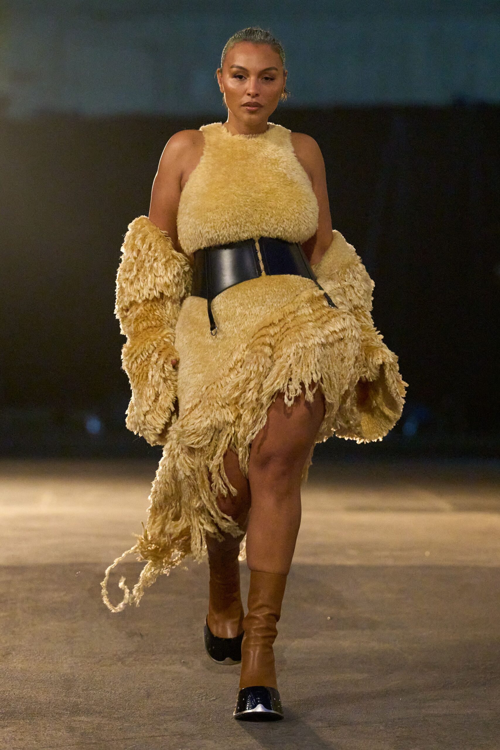 yellow fur sleeveless fitted fringed mini dress