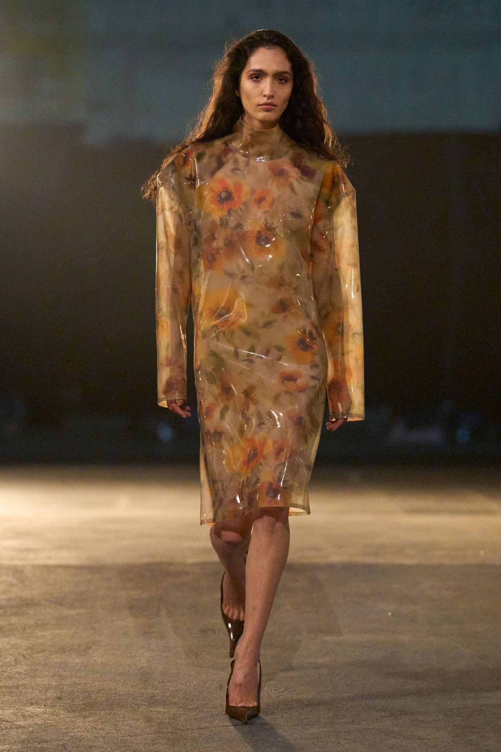 beige vinyl long-sleeve high-neck fitted floral sheer dress