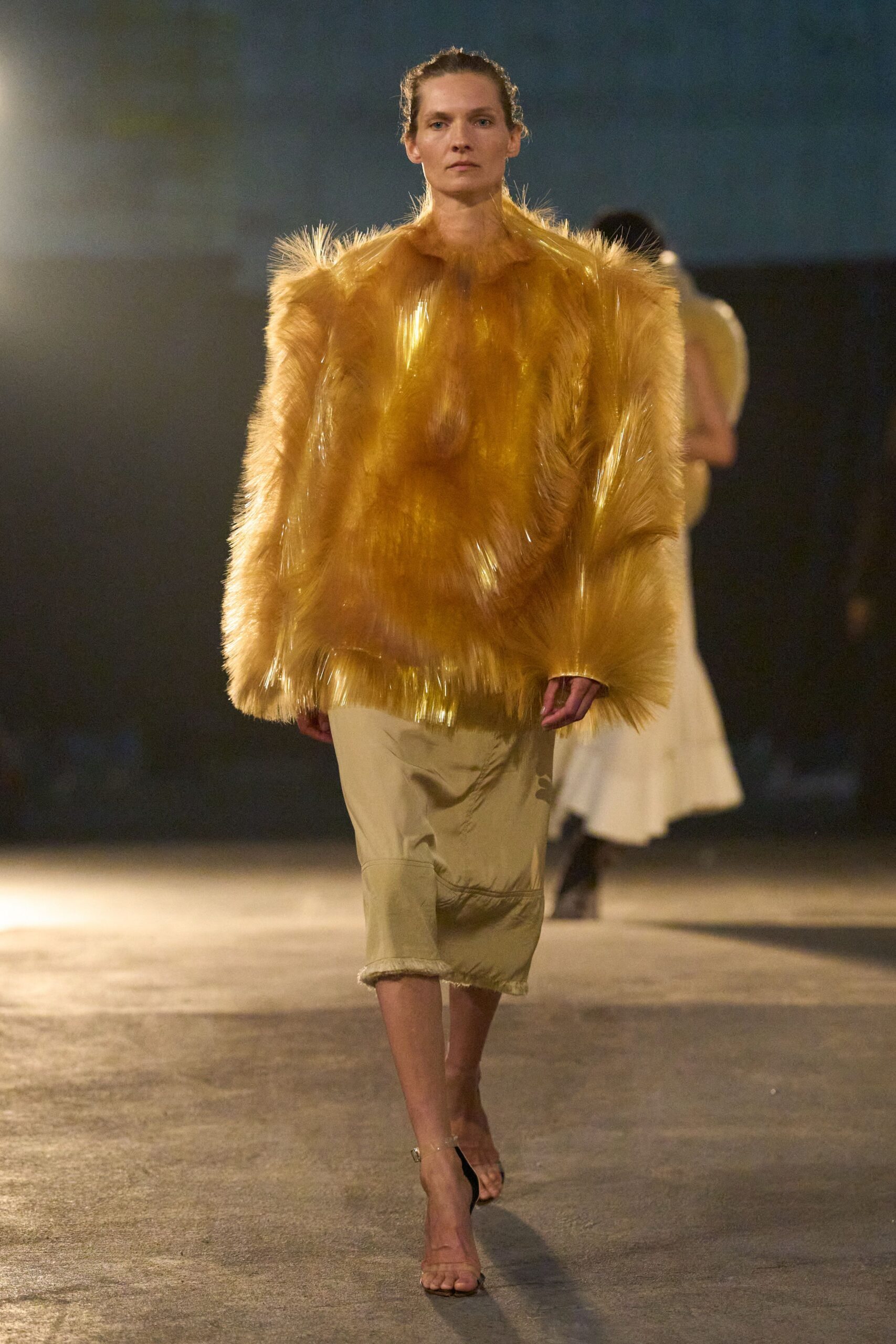 yellow fur long-sleeve oversized fringed top
