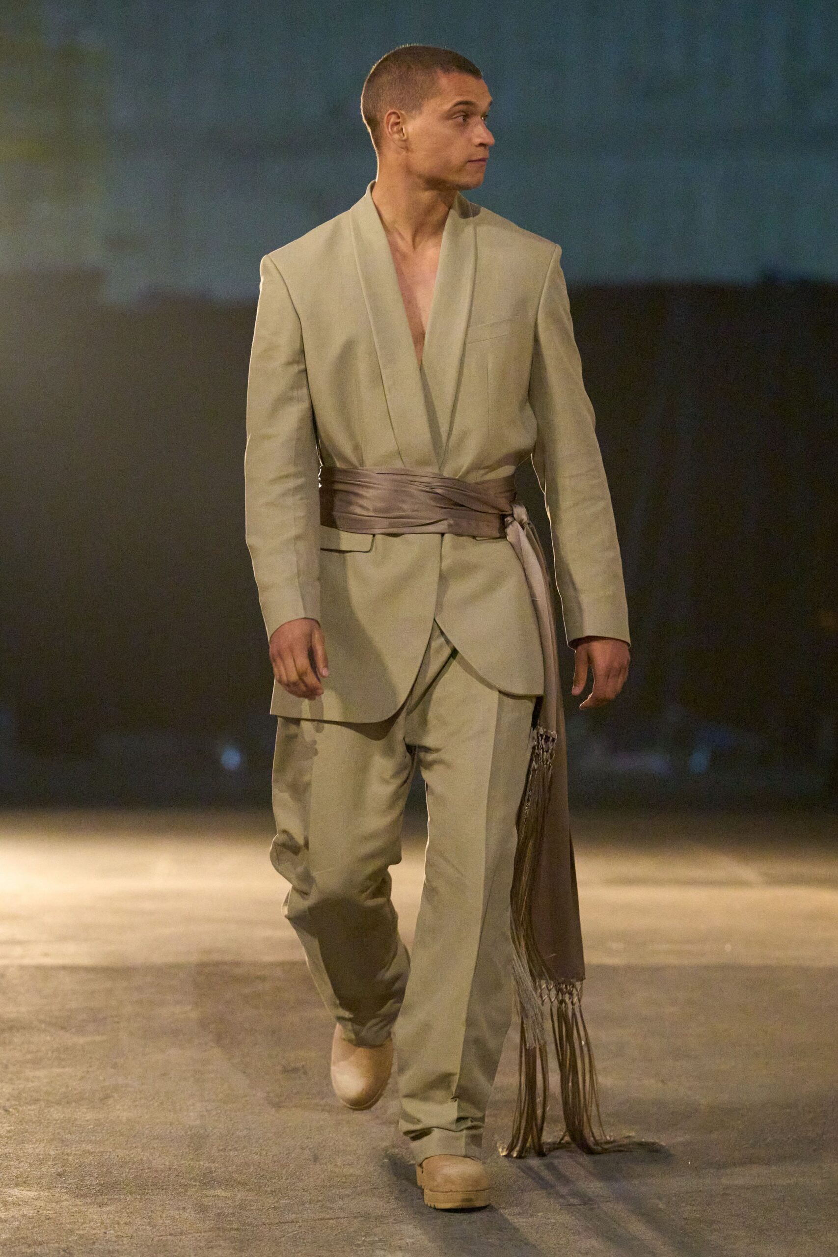 green cotton long-sleeve v-neck relaxed belted suit