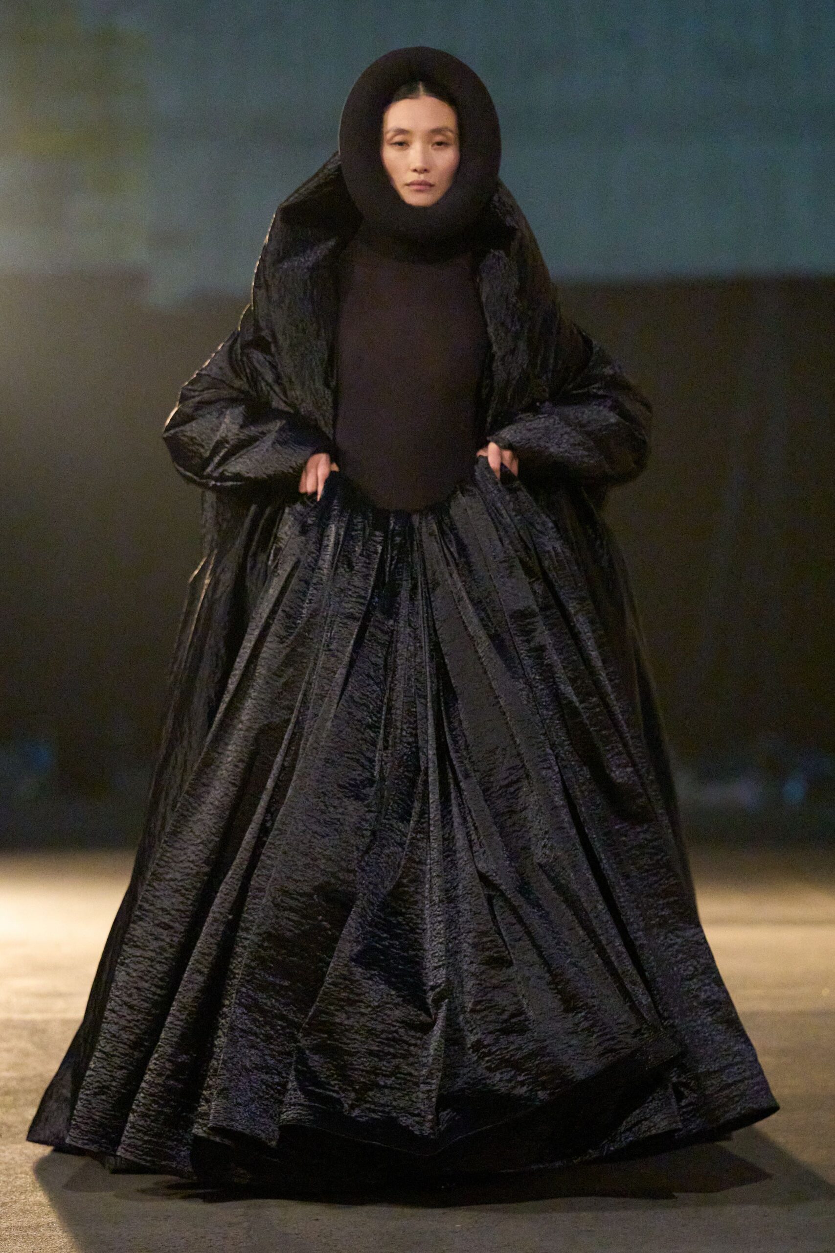 black silk pleated gown