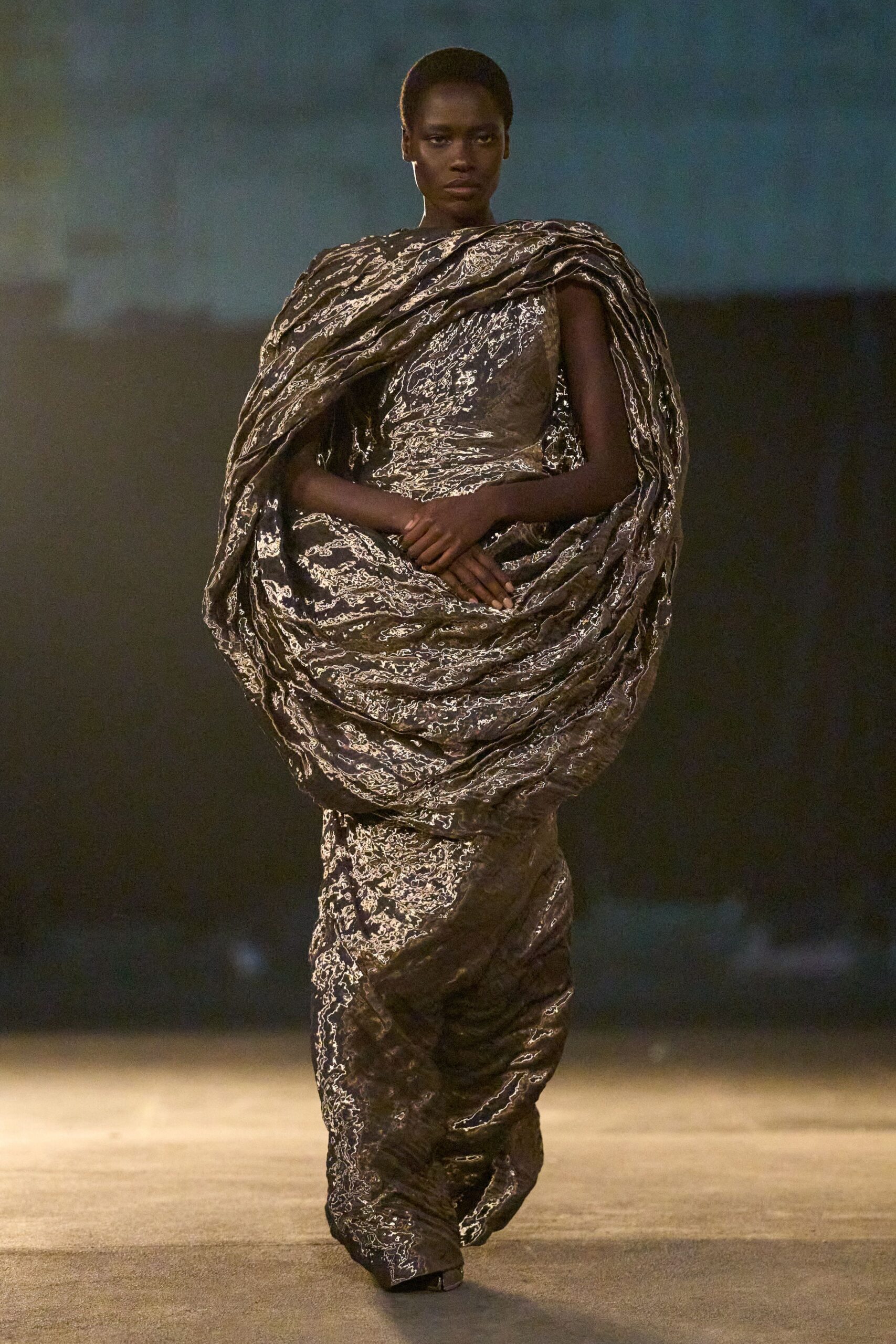 gold silk sleeveless gown