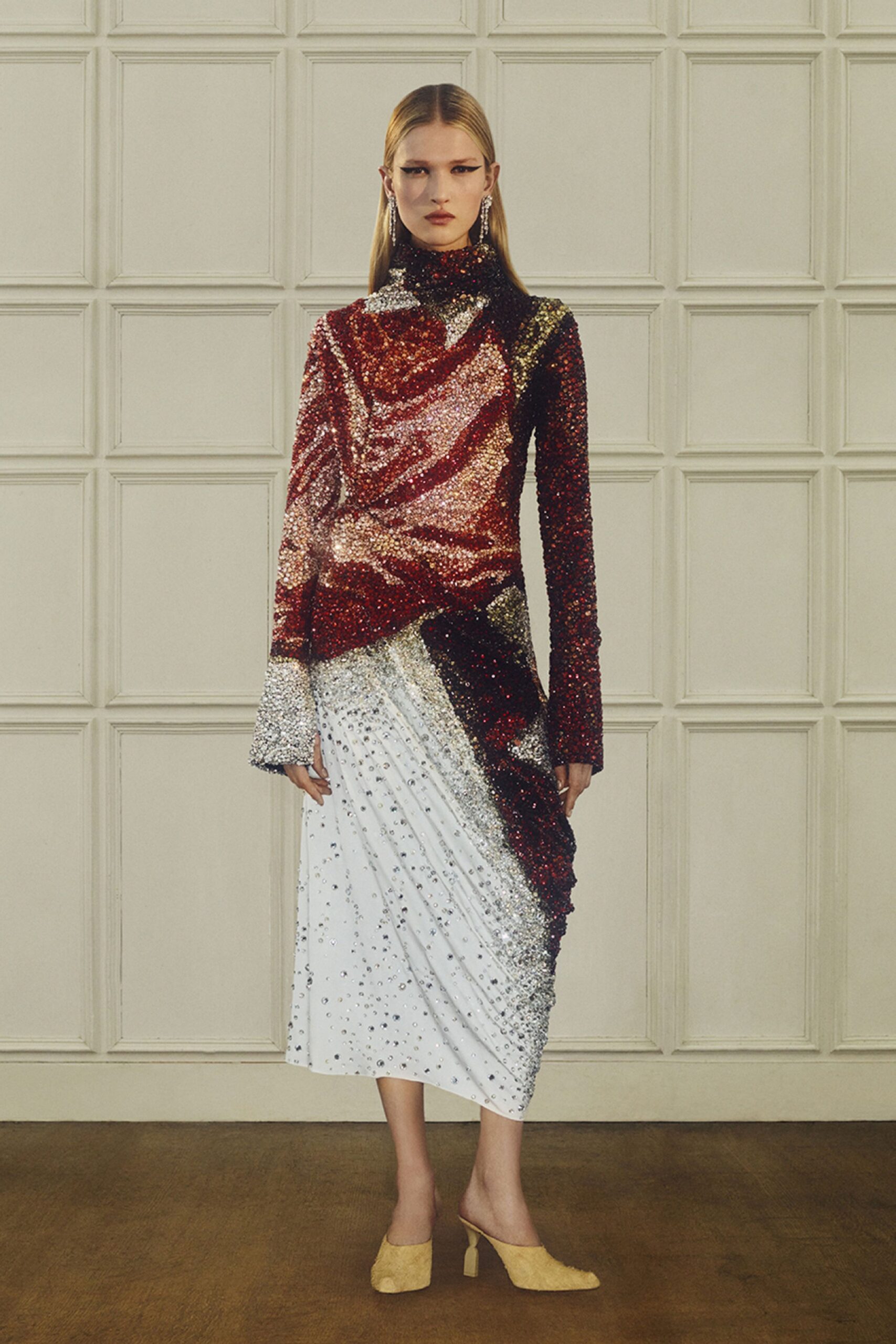 red sequin long-sleeve high-neck fitted draped pleated dress