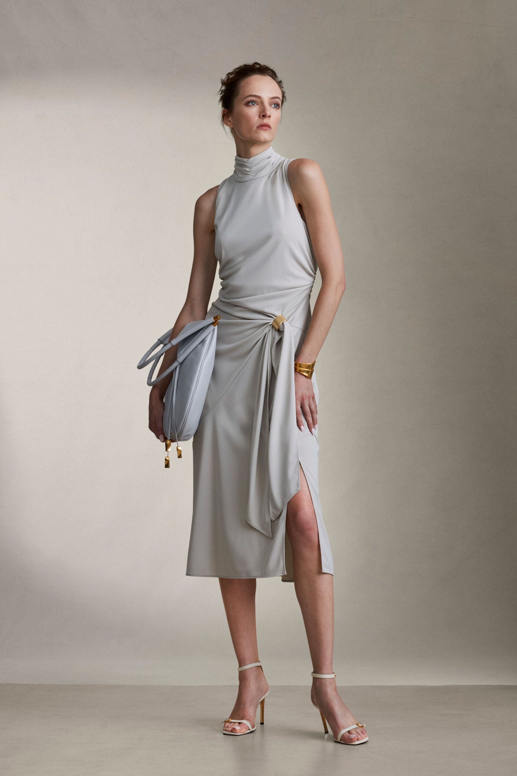 gray silk sleeveless high-neck fitted draped midi dress
