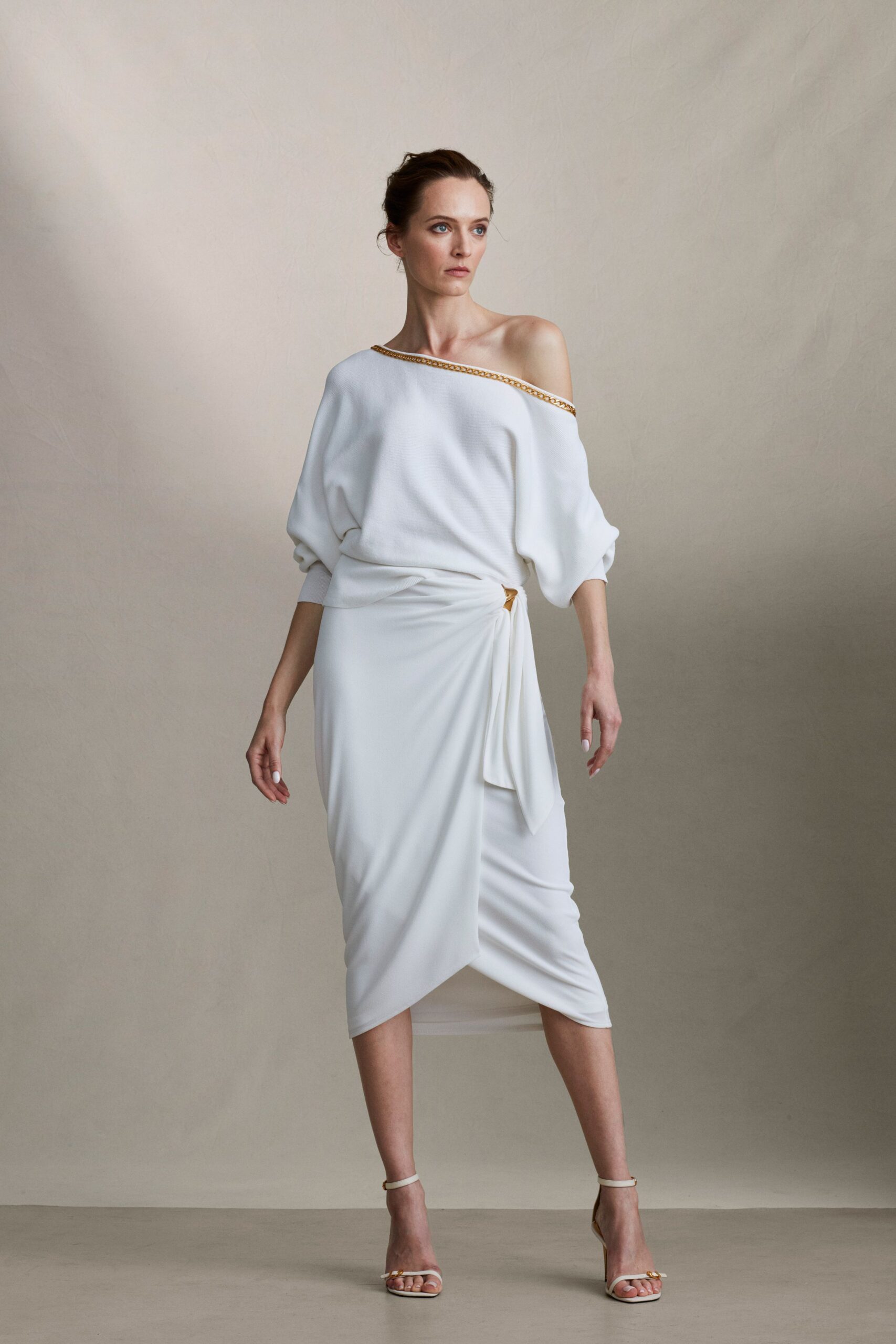 white silk long-sleeve off-shoulder fitted draped zippered dress