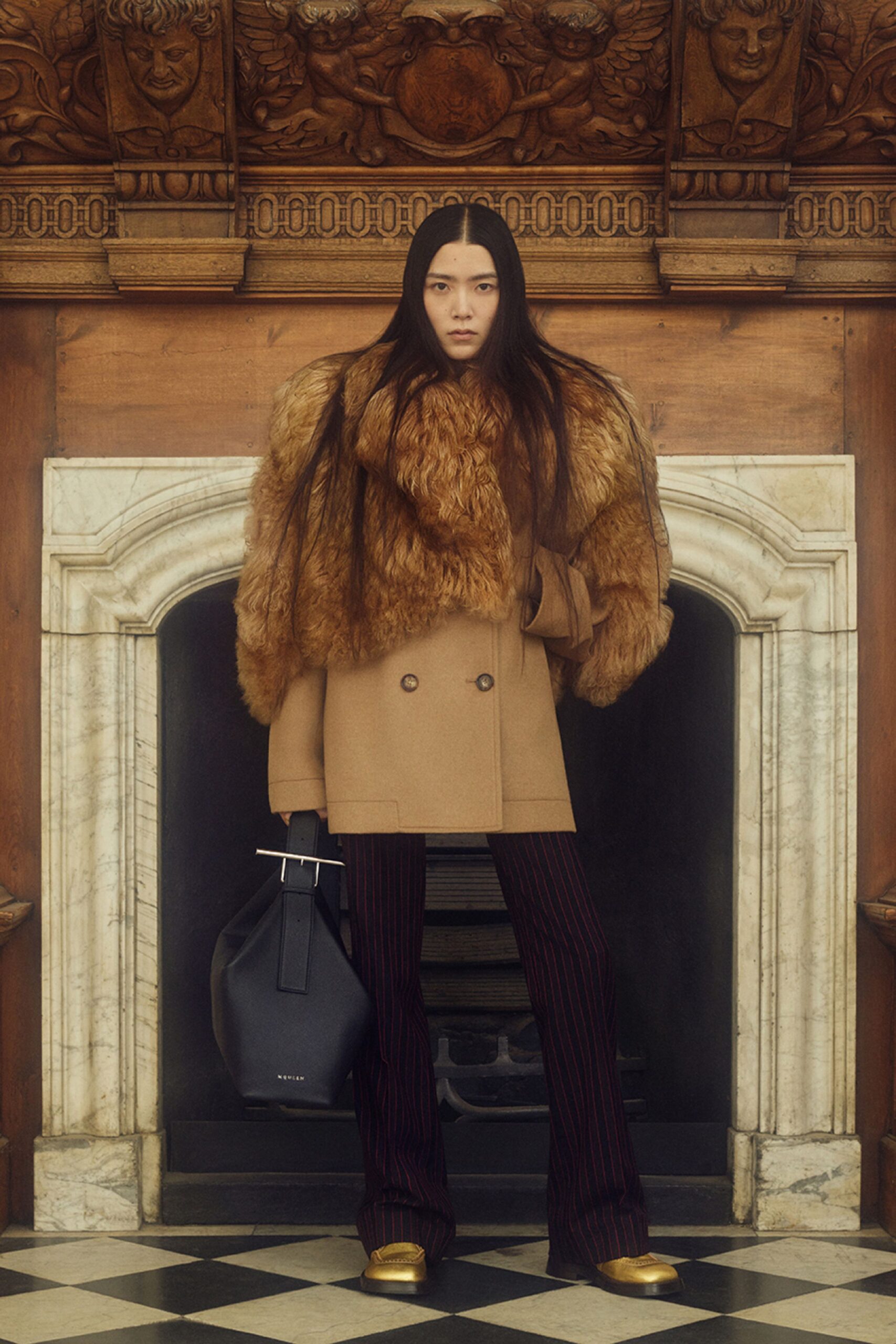 brown fur coat with striped pants