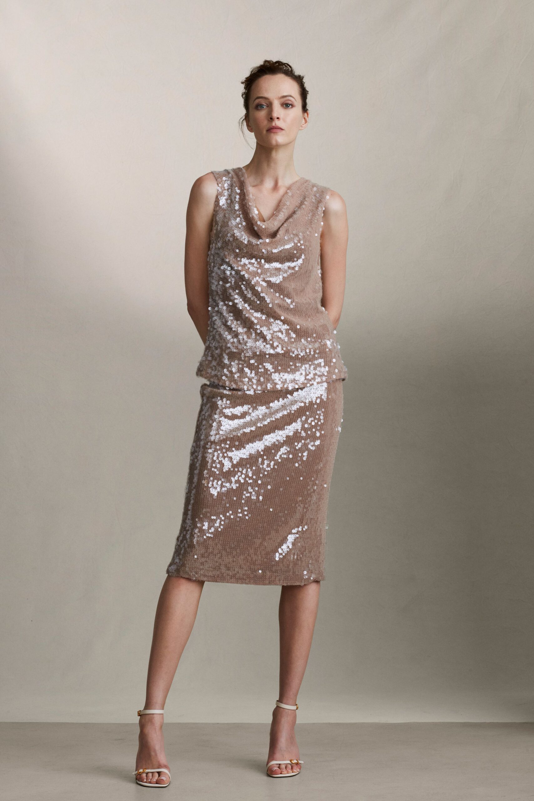 beige sequined midi dress with strappy heels