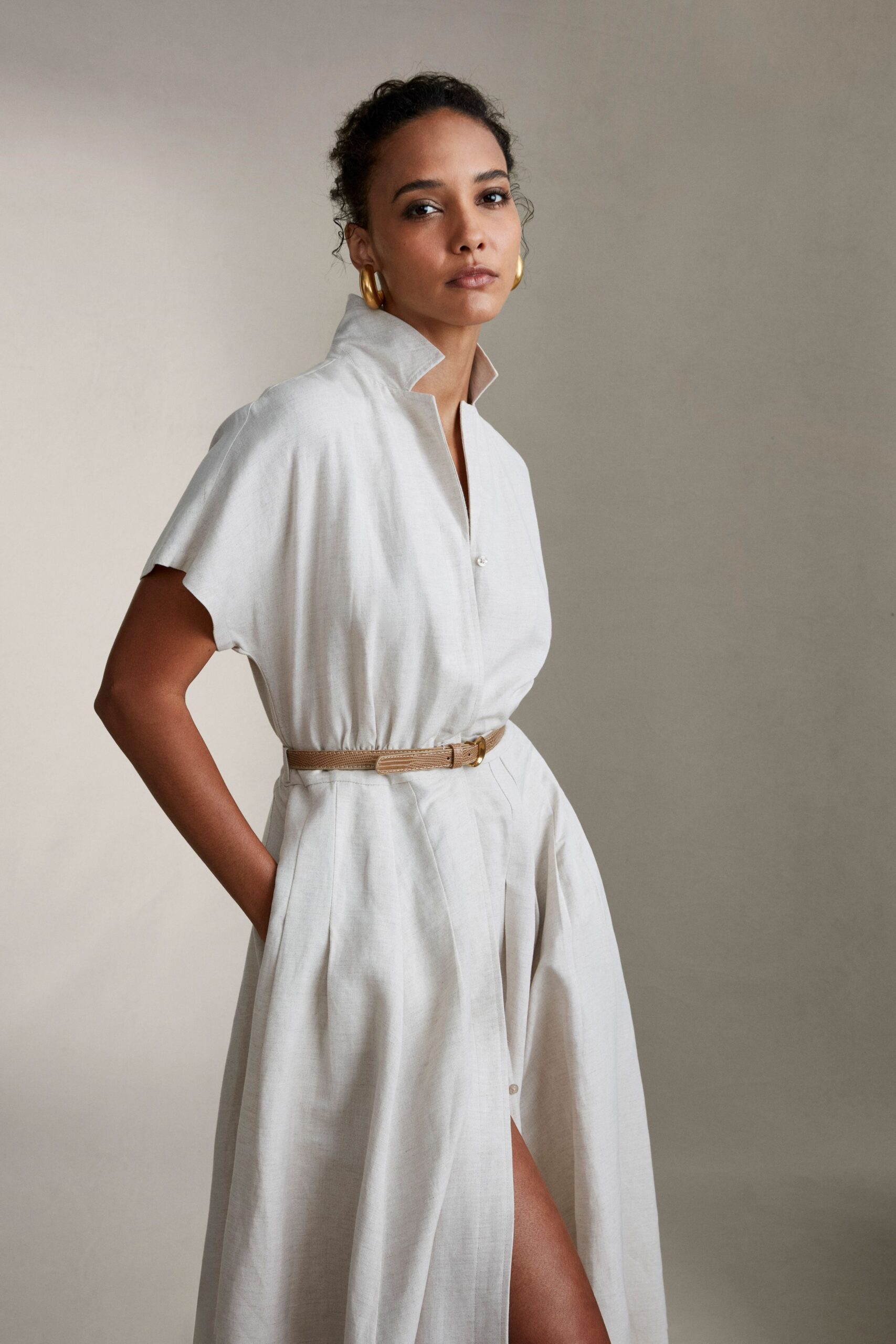 white linen relaxed shirt-dress