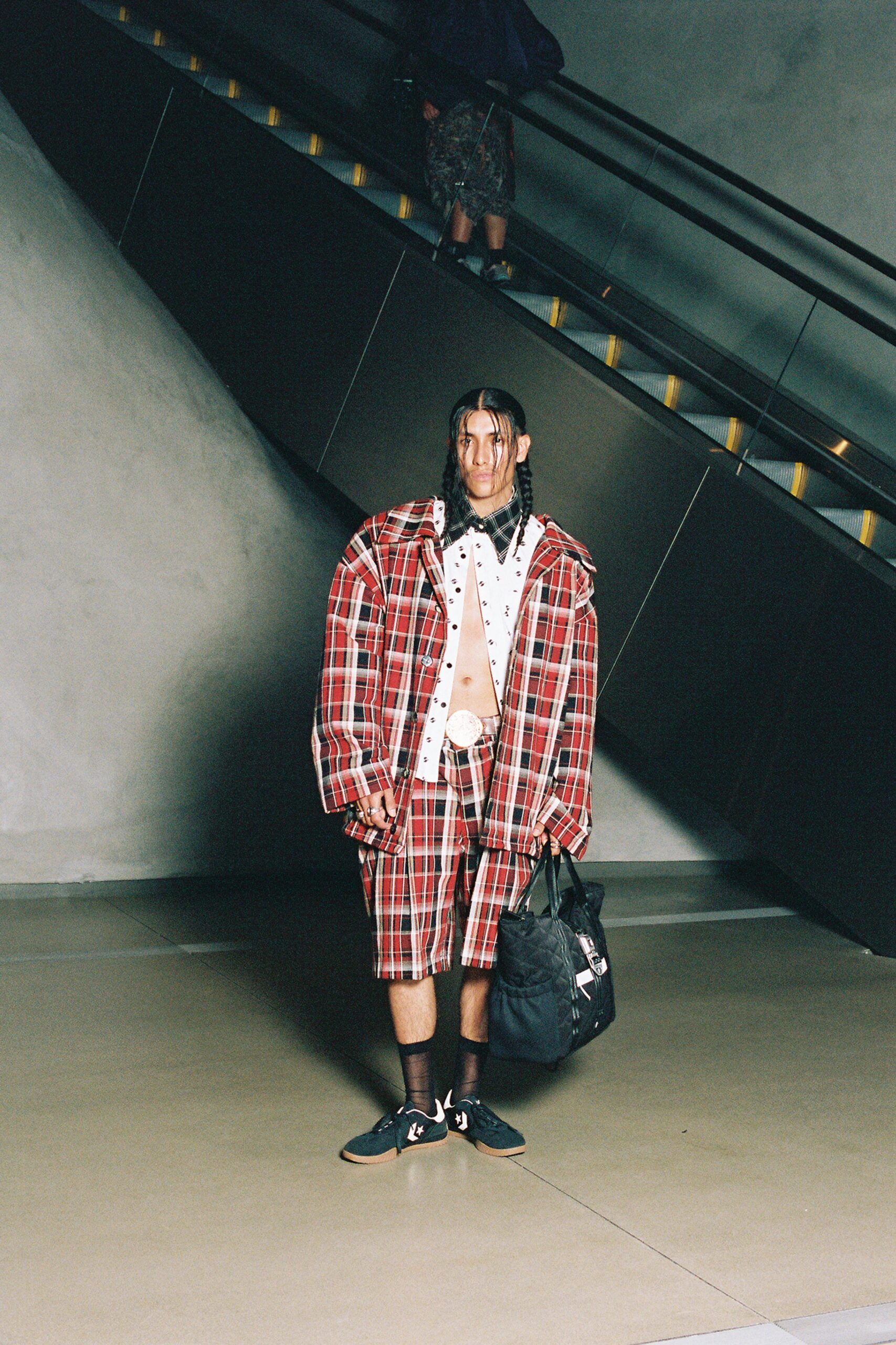 red cotton long-sleeve collared oversized checked jacket