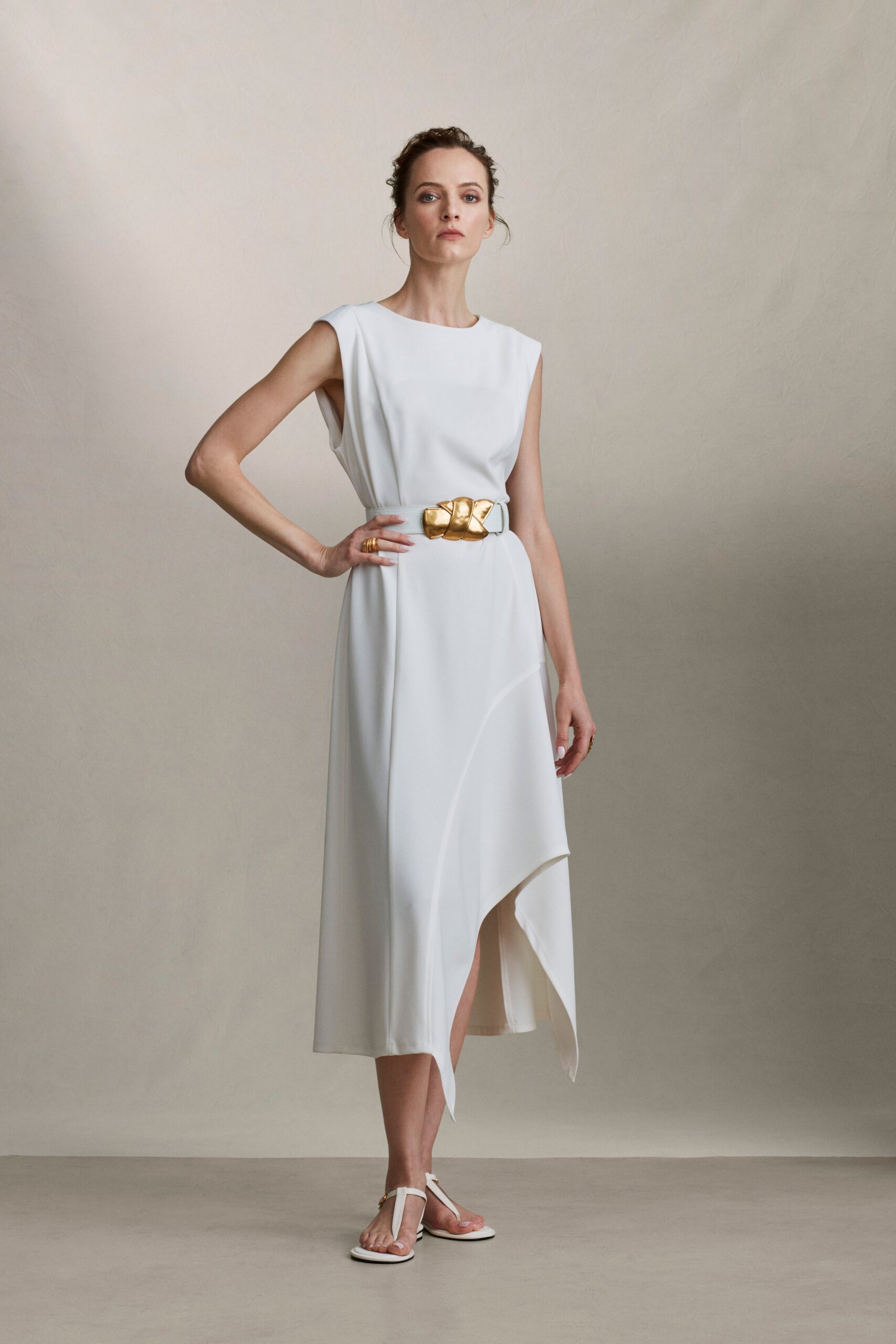 white silk sleeveless high-neck fitted belted midi dress