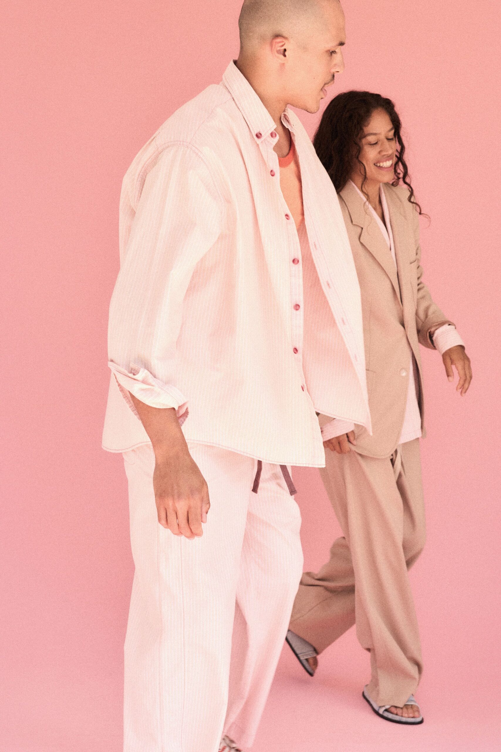 pink cotton long-sleeve collared oversized striped shirt