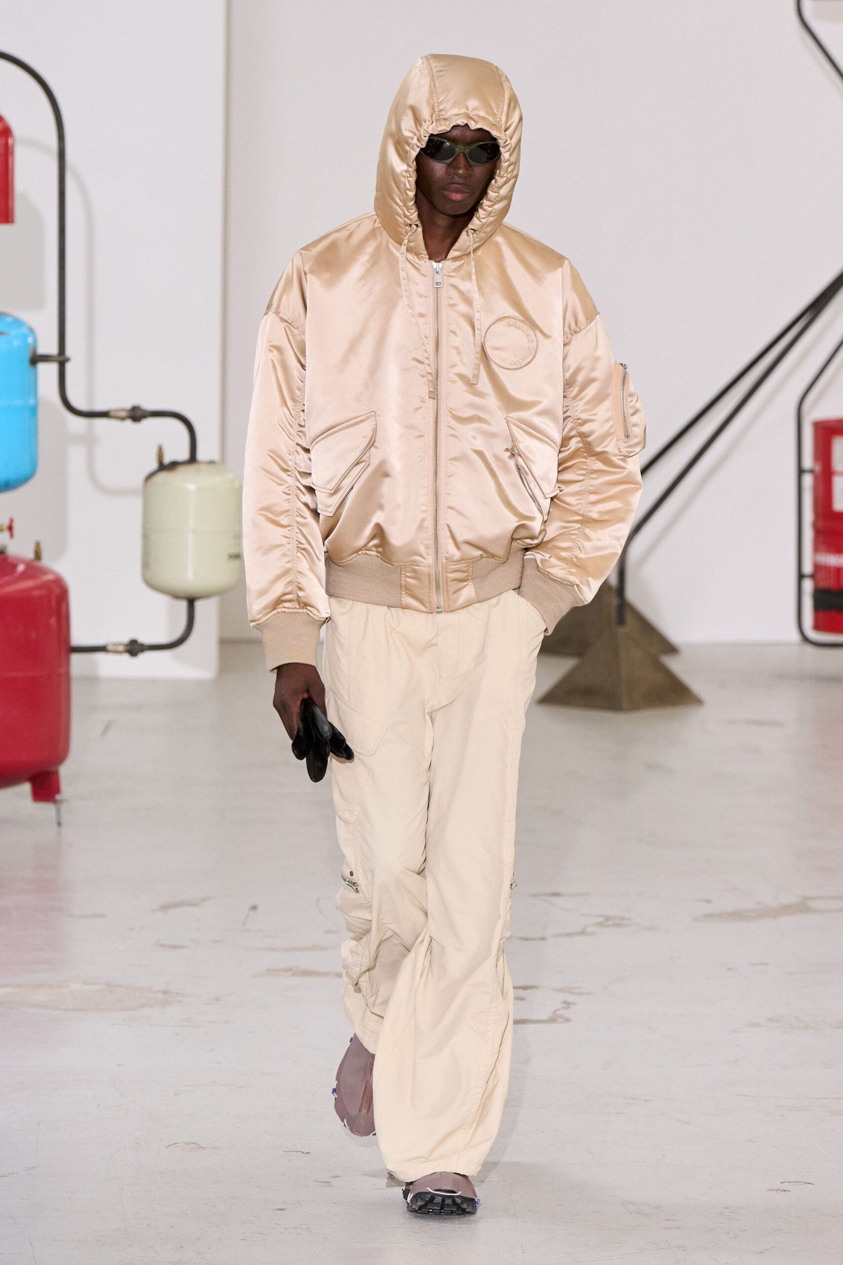 beige satin long-sleeve hooded oversized shiny hoodie