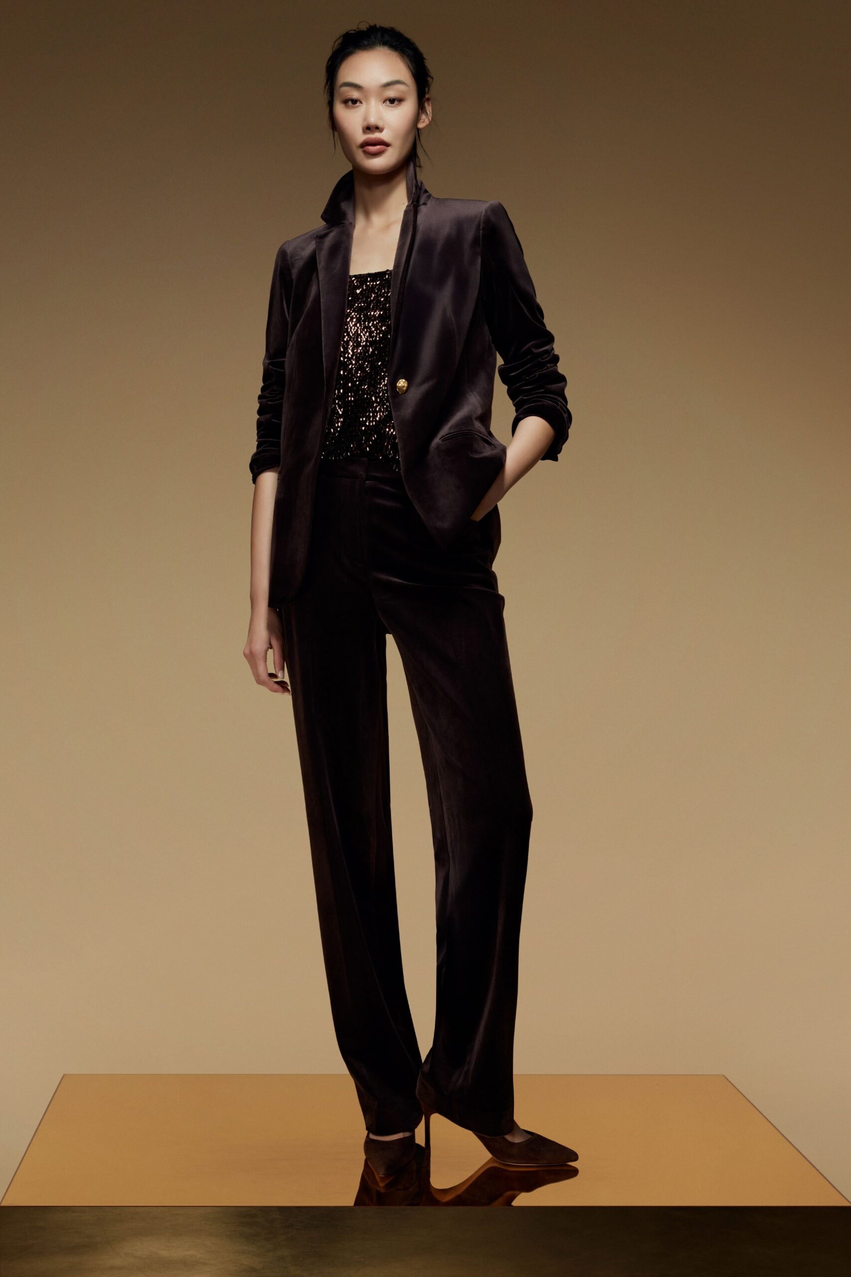 brown velvet tailored blazer with sequined top