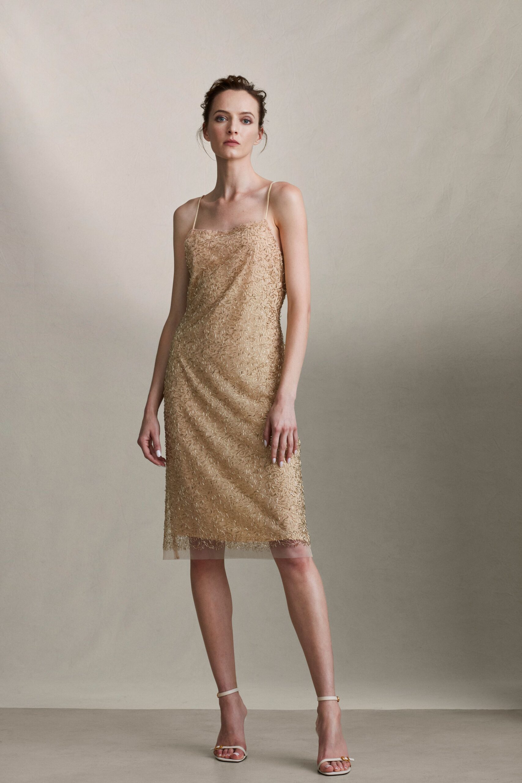 gold silk sleeveless v-neck fitted beaded draped dress
