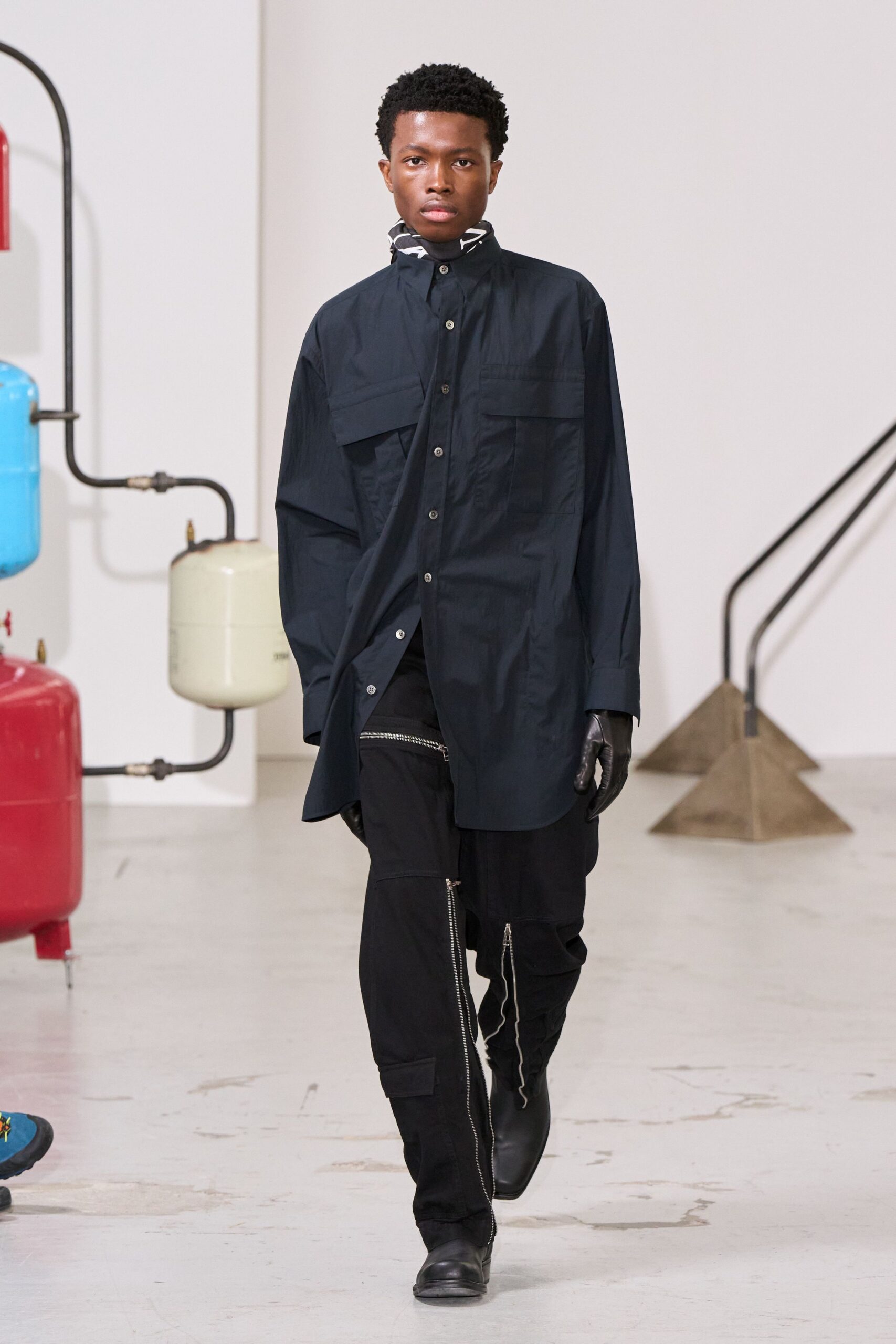 black relaxed shirt with fitted pants