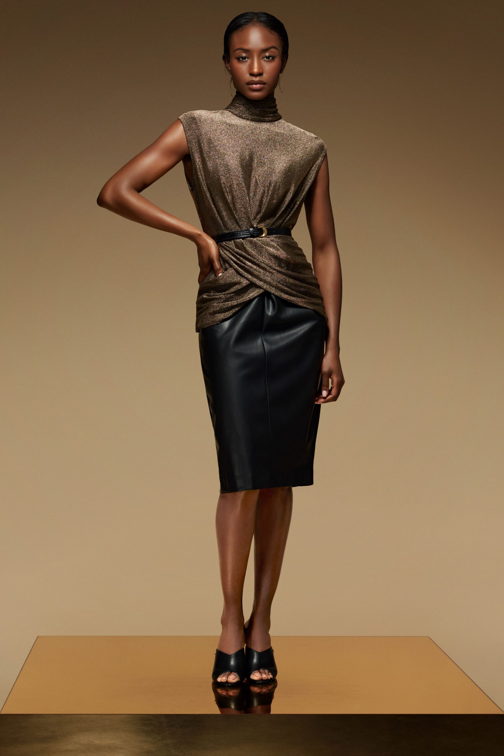 gold silk sleeveless high-neck fitted draped shiny top