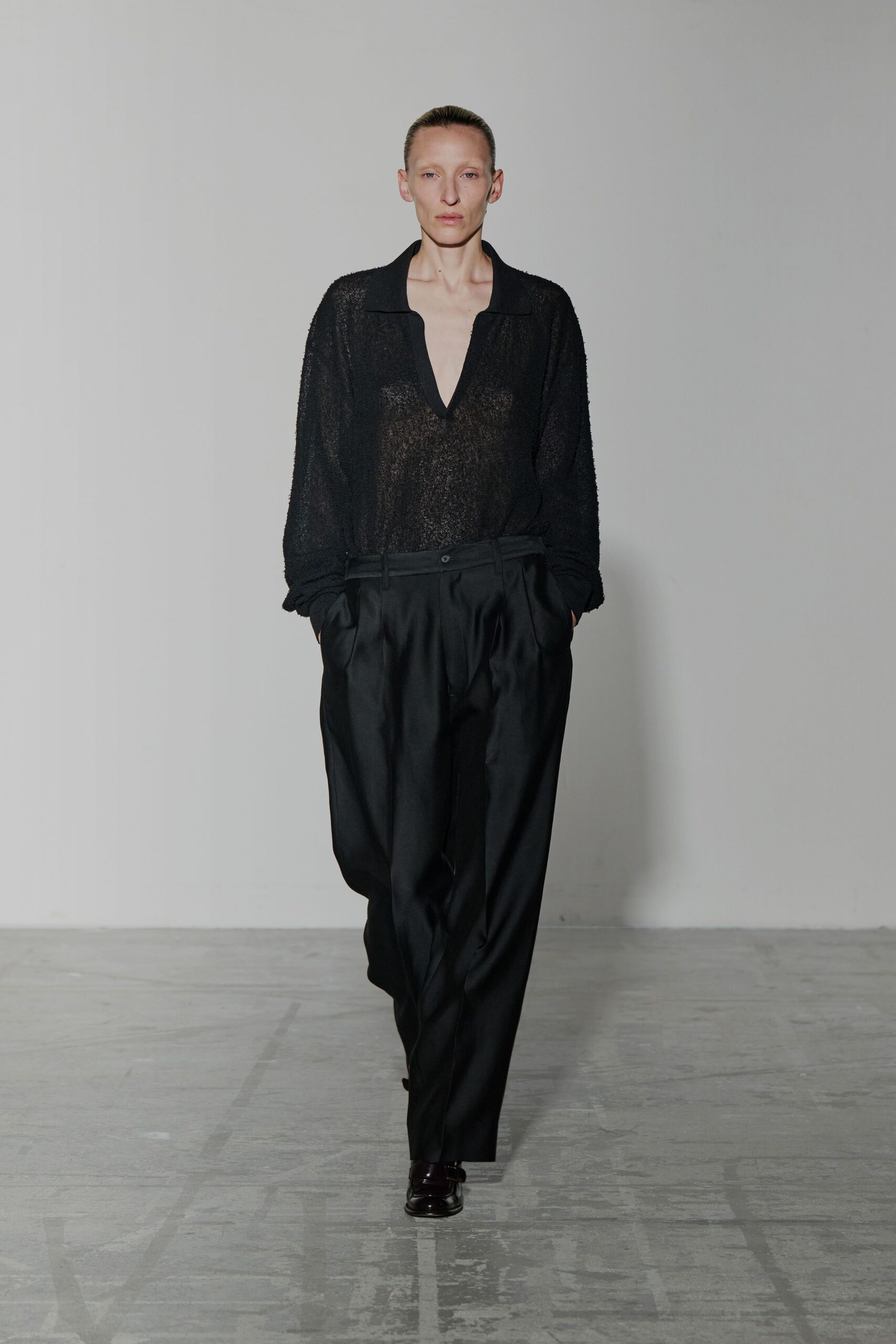 black silk long-sleeve v-neck relaxed sheer shirt