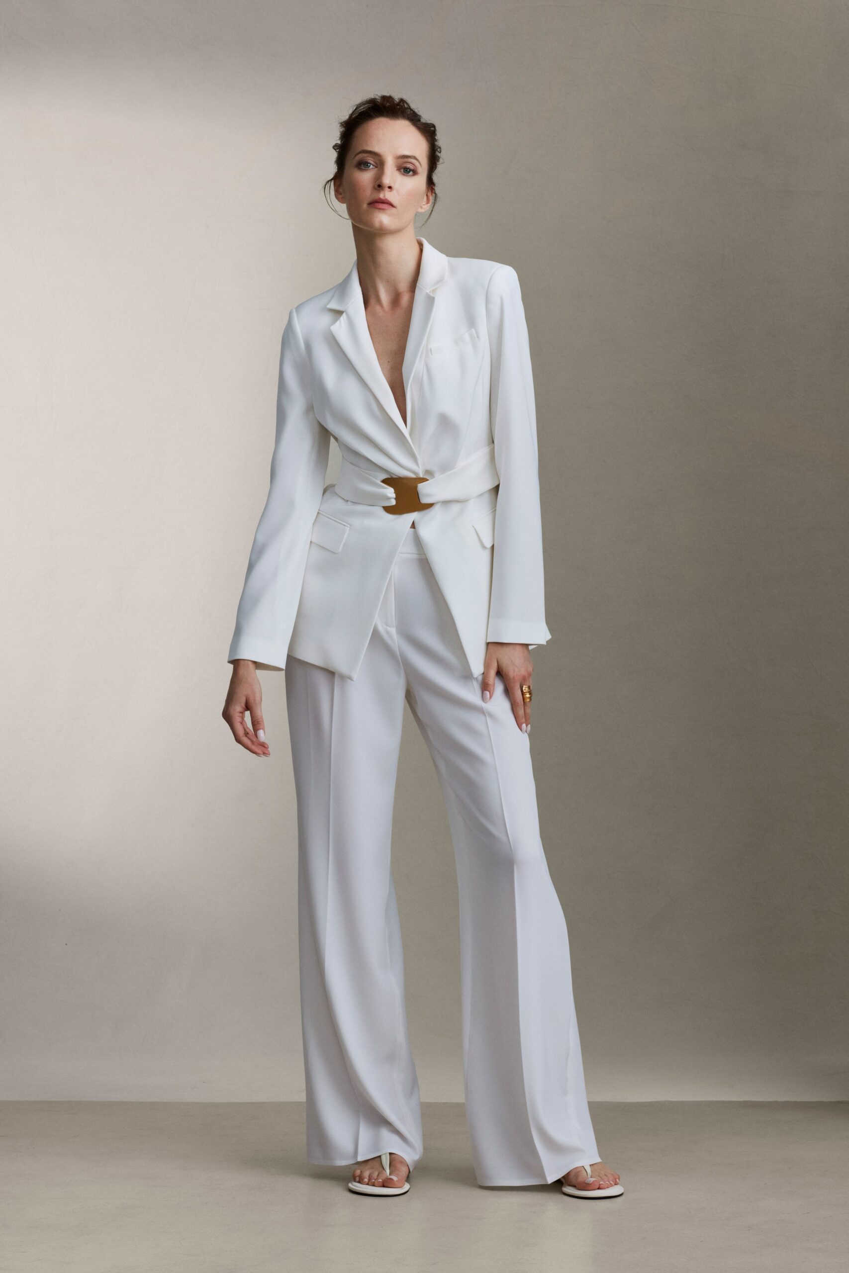 white cotton tailored flared pants