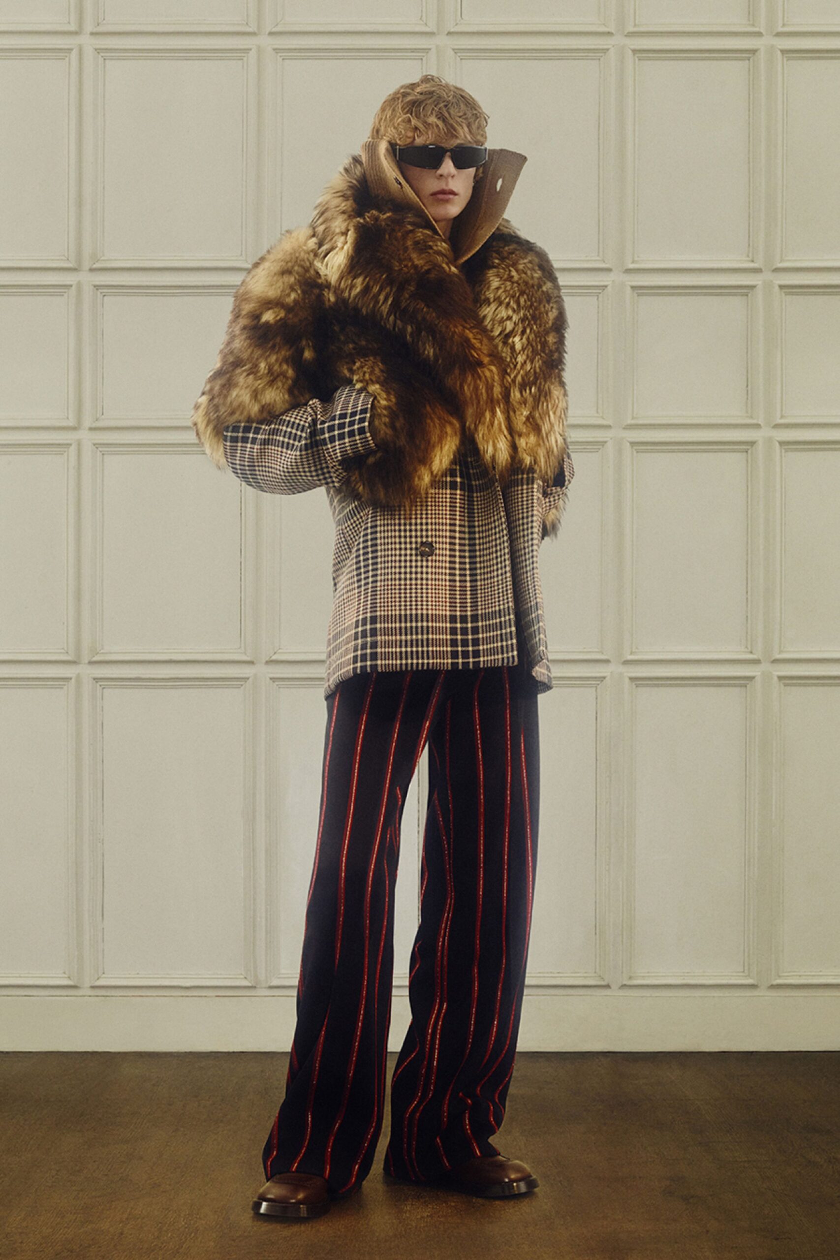 brown fur long-sleeve collared relaxed buttoned layered coat