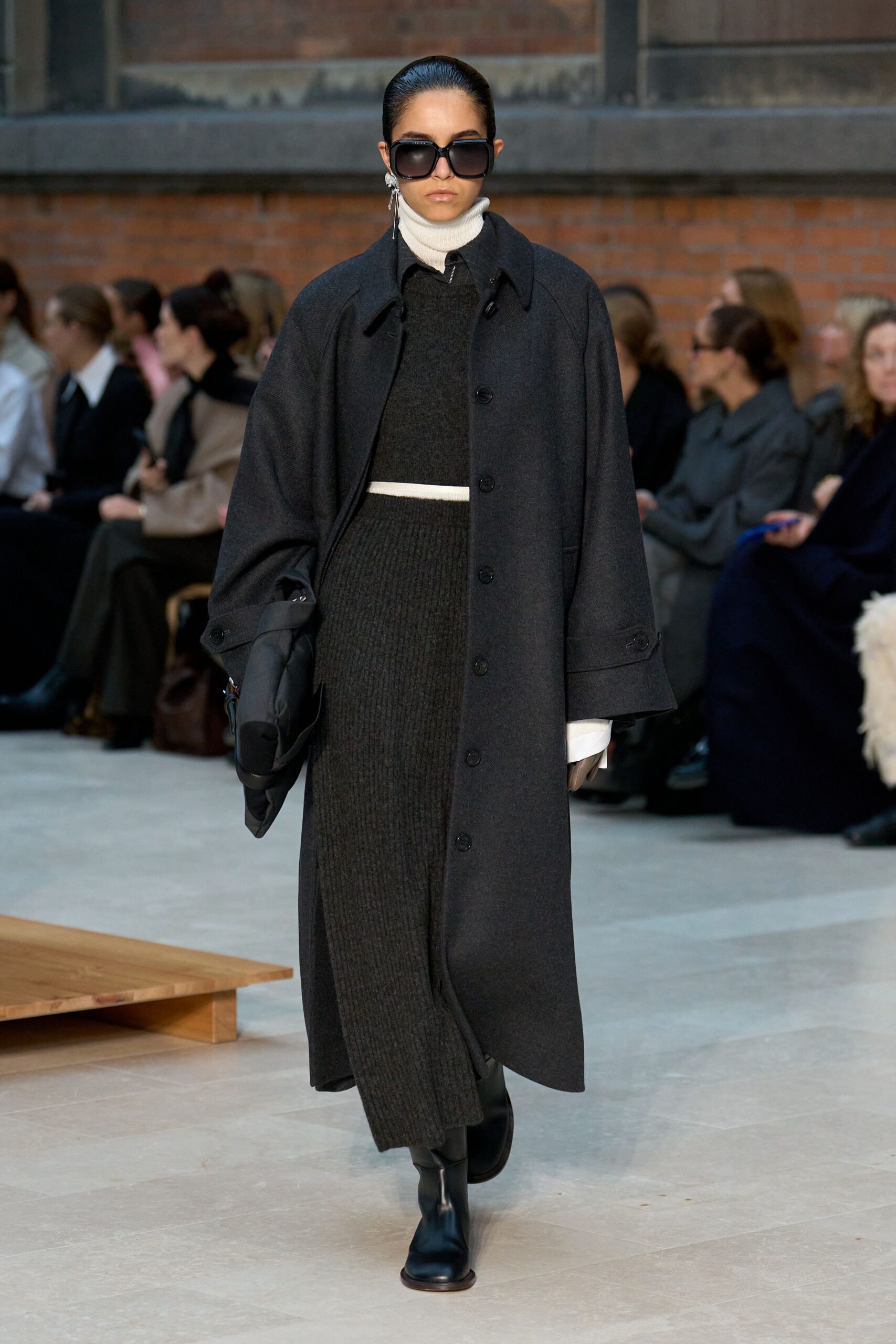 black wool coat gray knit dress
