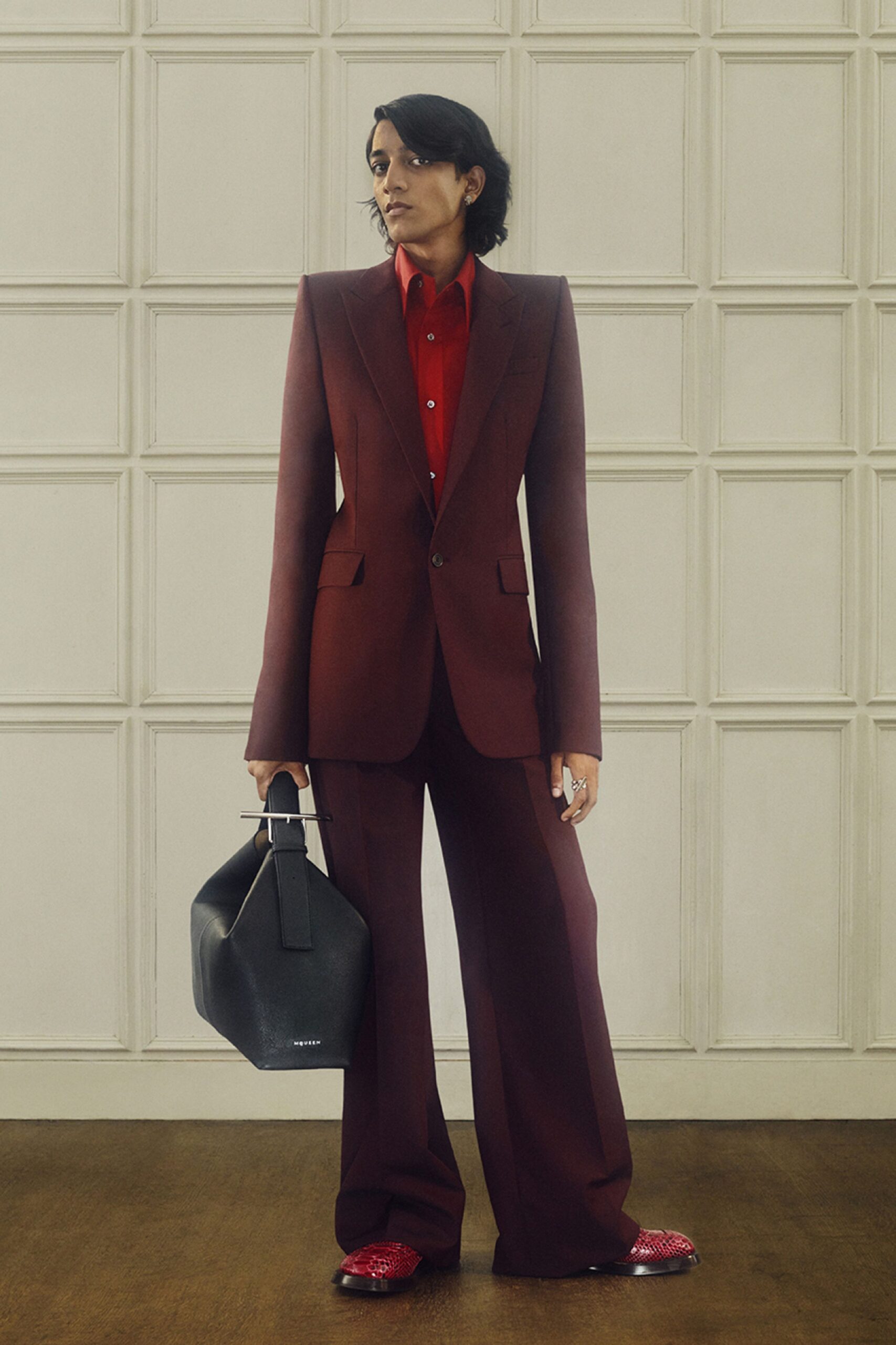 red long-sleeve collared tailored buttoned suit