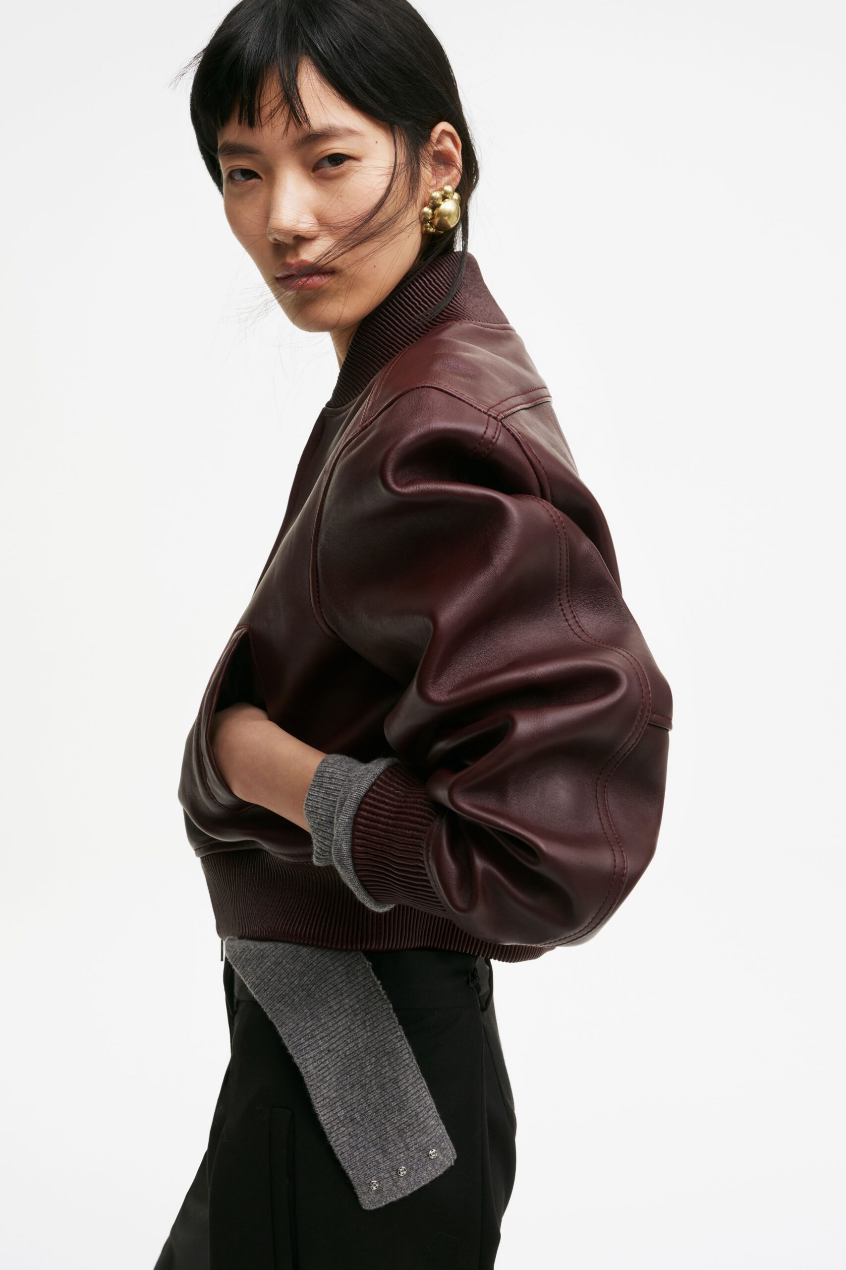 maroon leather long-sleeve collared fitted jacket