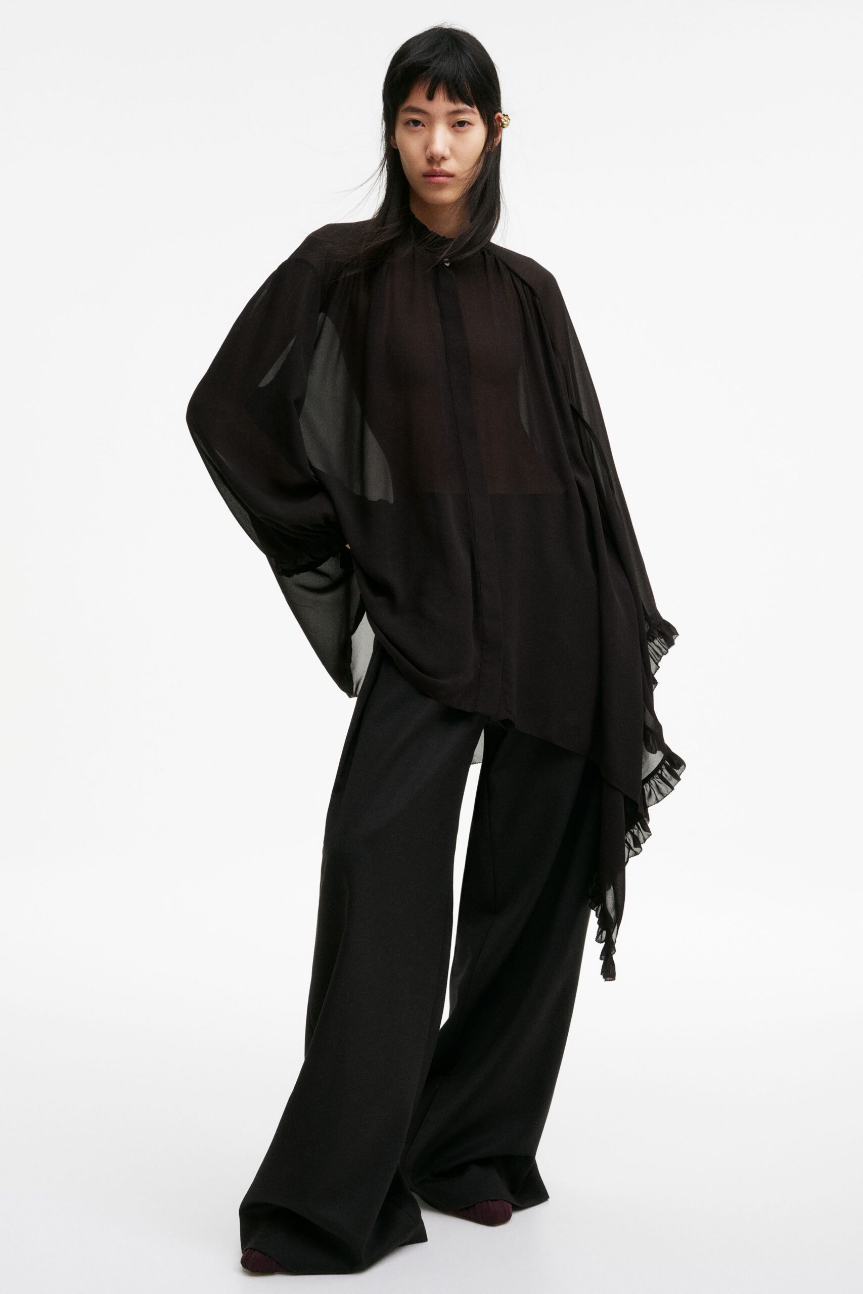 black chiffon long-sleeve collared relaxed layered fringed top