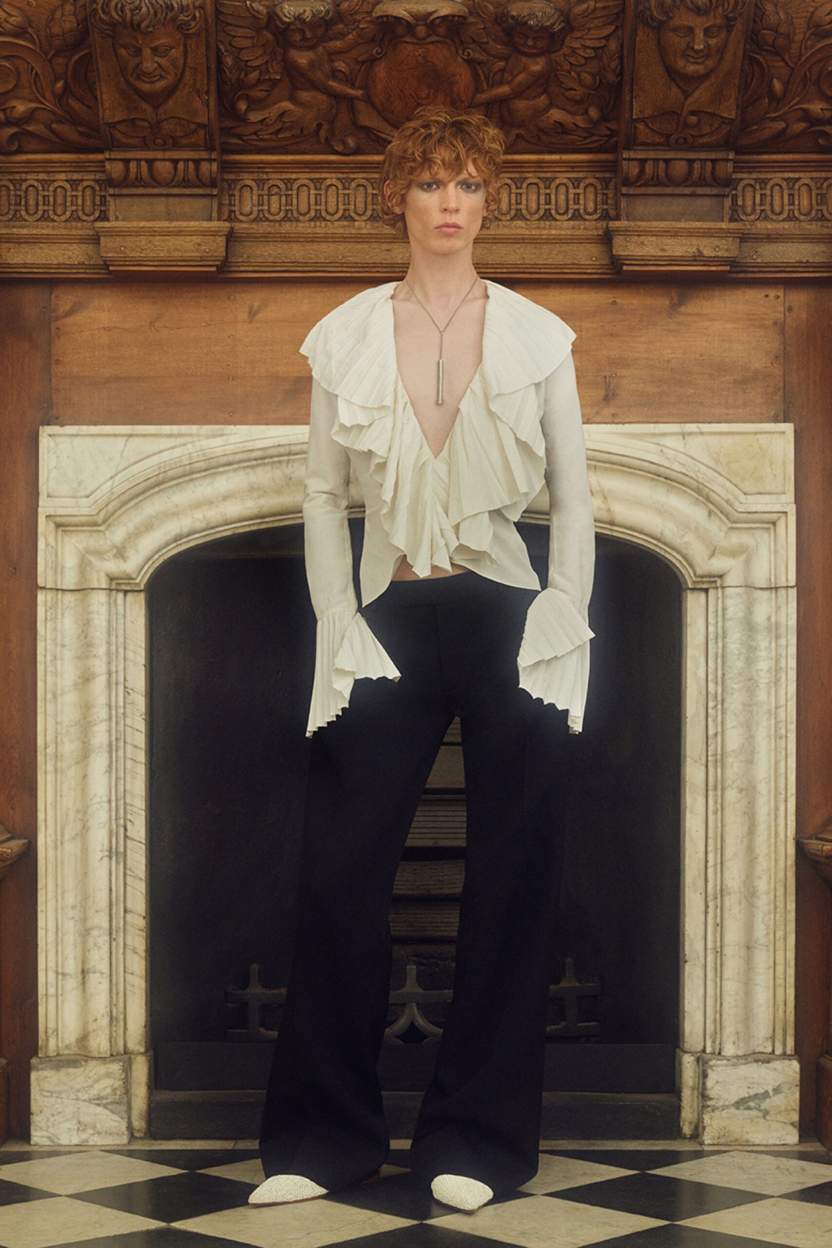 white silk long-sleeve v-neck fitted ruffled shirt