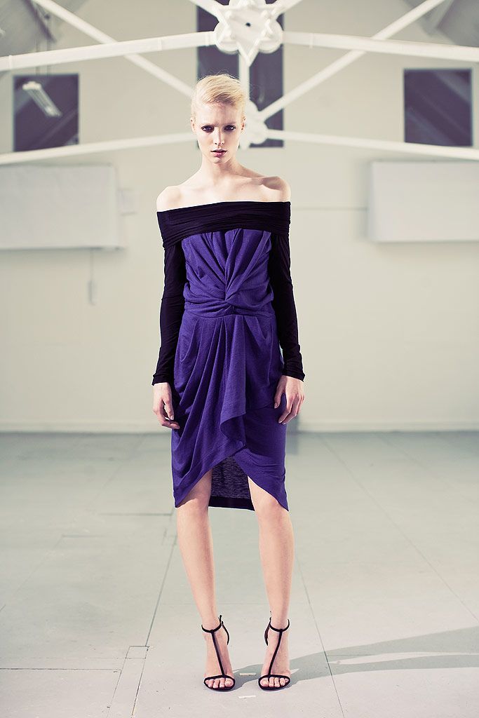 purple jersey off-shoulder long-sleeve draped flowing midi midi-dress