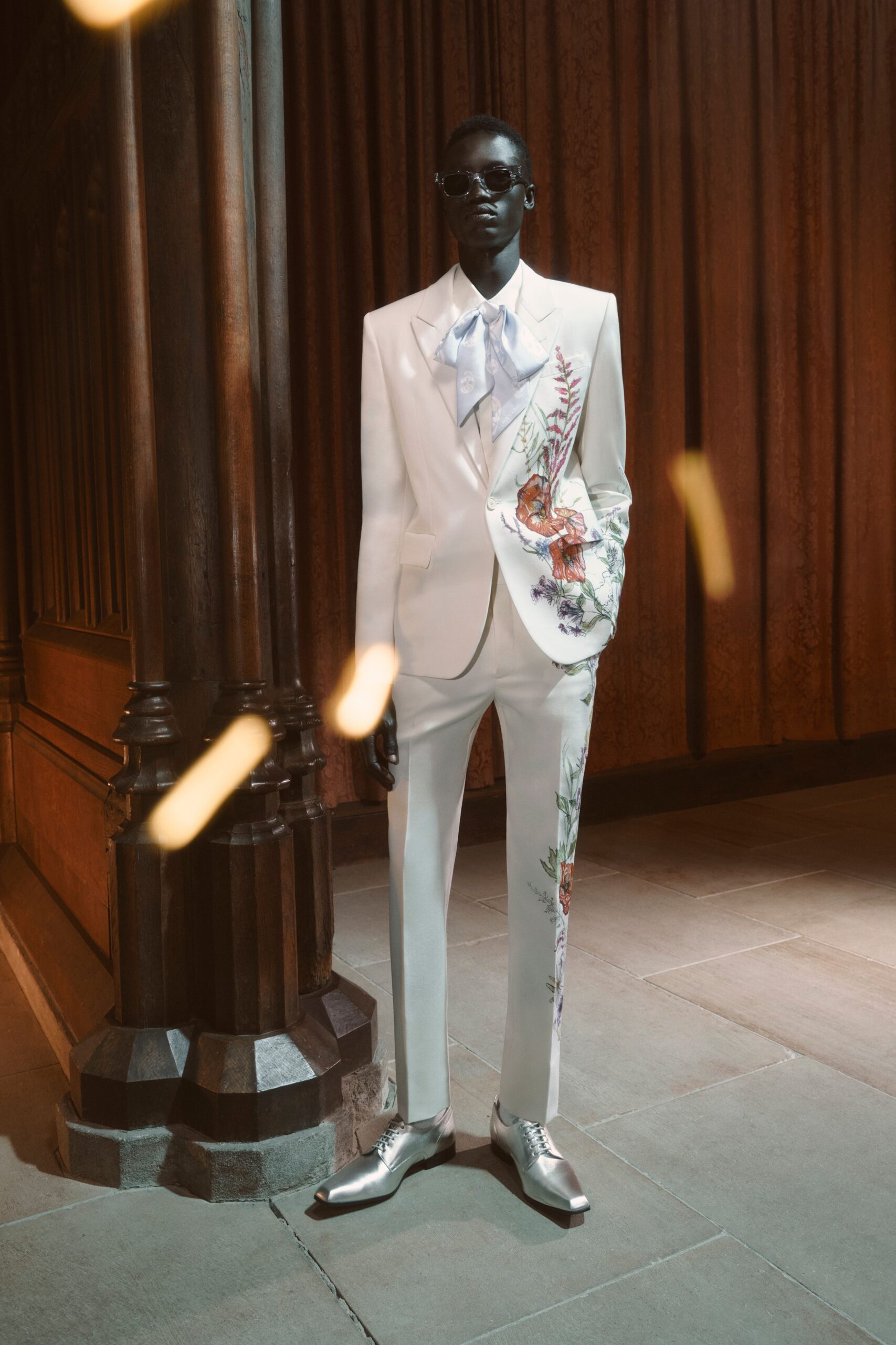 white tailored suit with embroidery