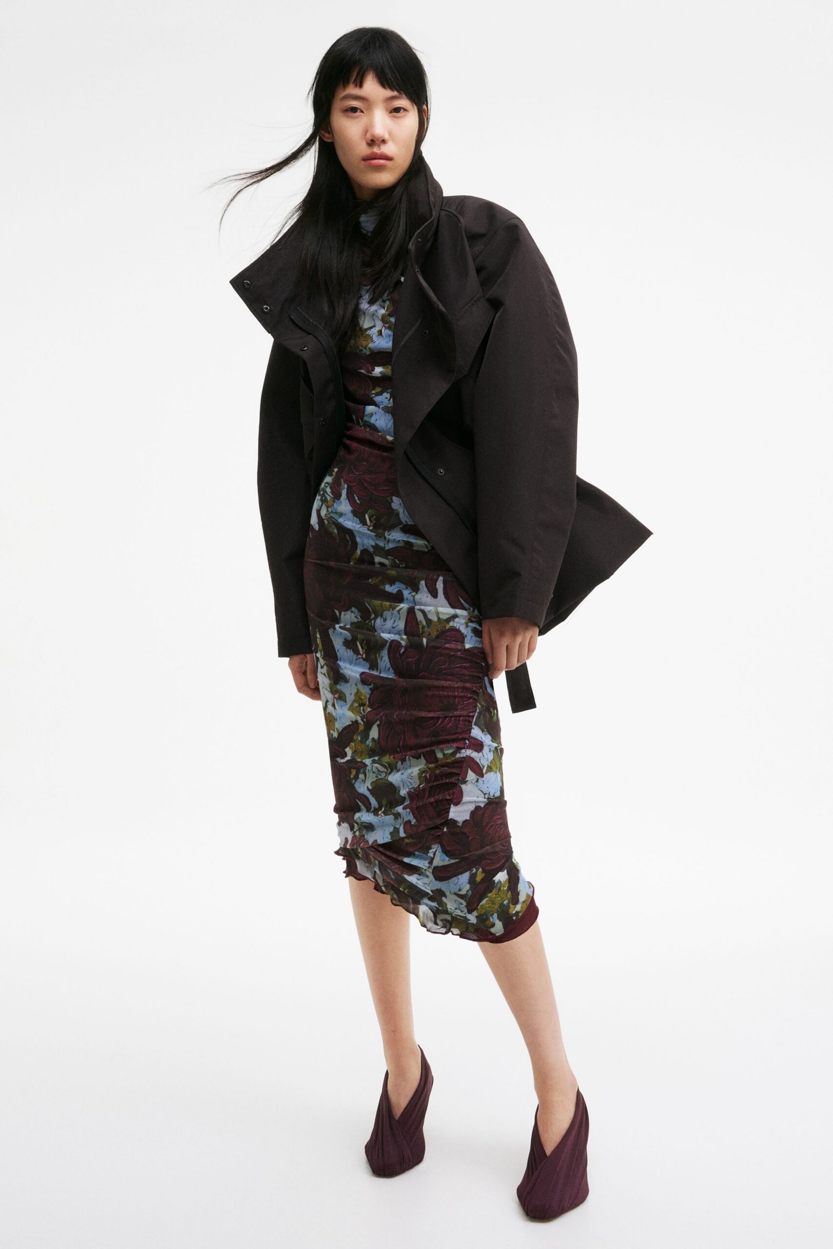 floral midi dress with black jacket