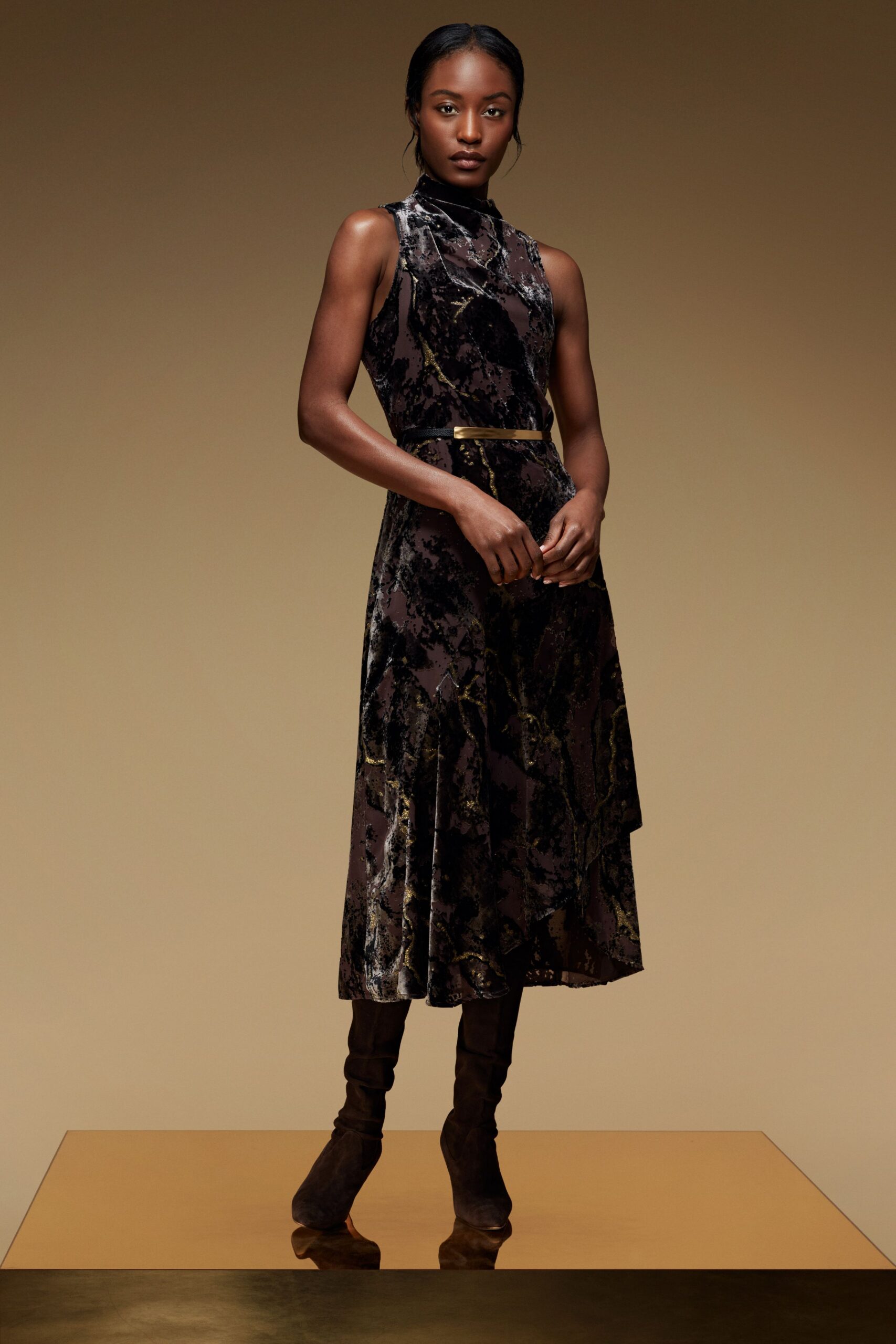 black velvet midi dress with boots