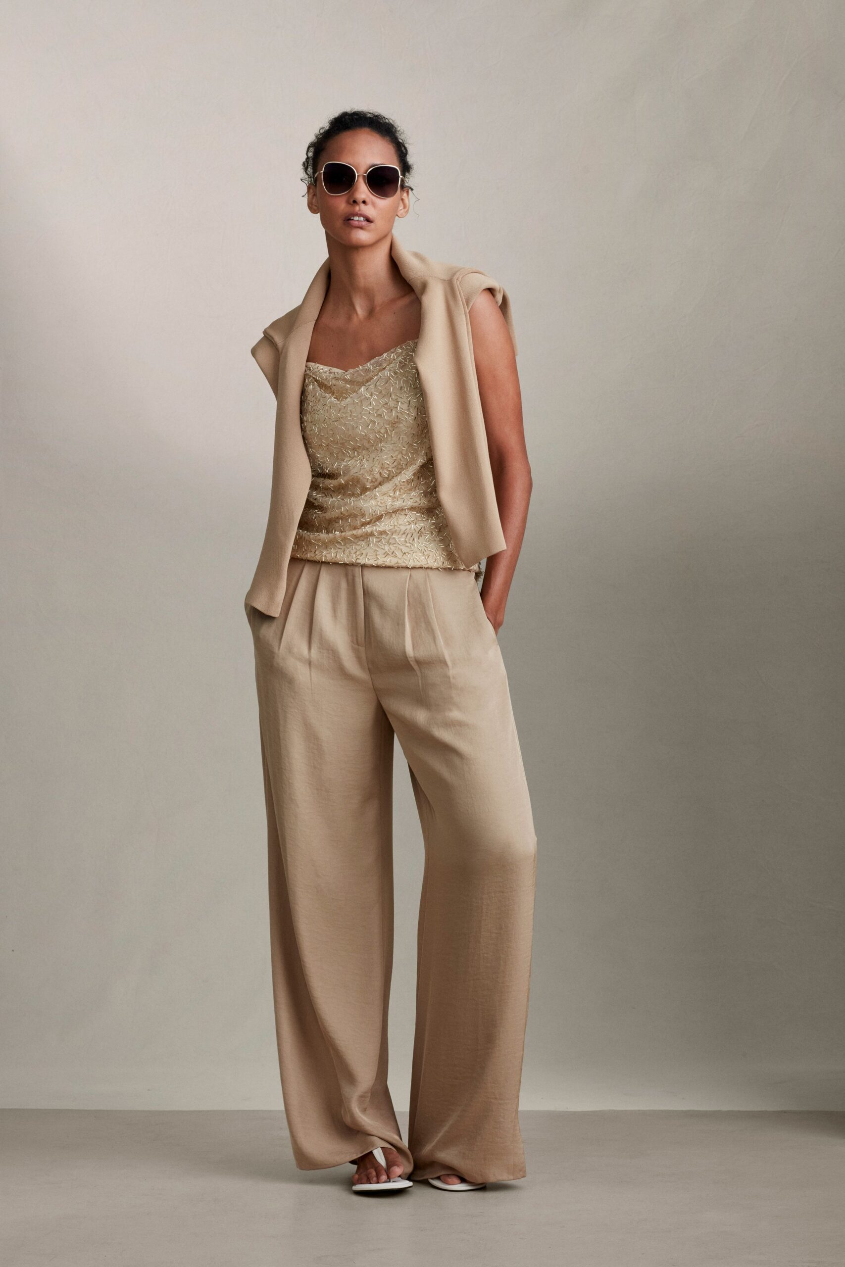 gold silk sleeveless fitted sequined top