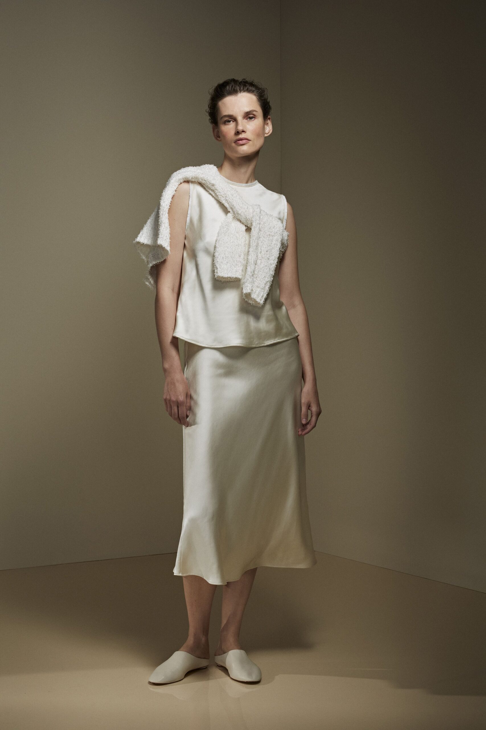 white silk top and skirt